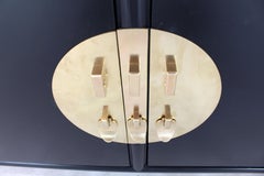 Black Ebonized Low Petite Small Credenza Stand with Solid Brass Hardware Pulls