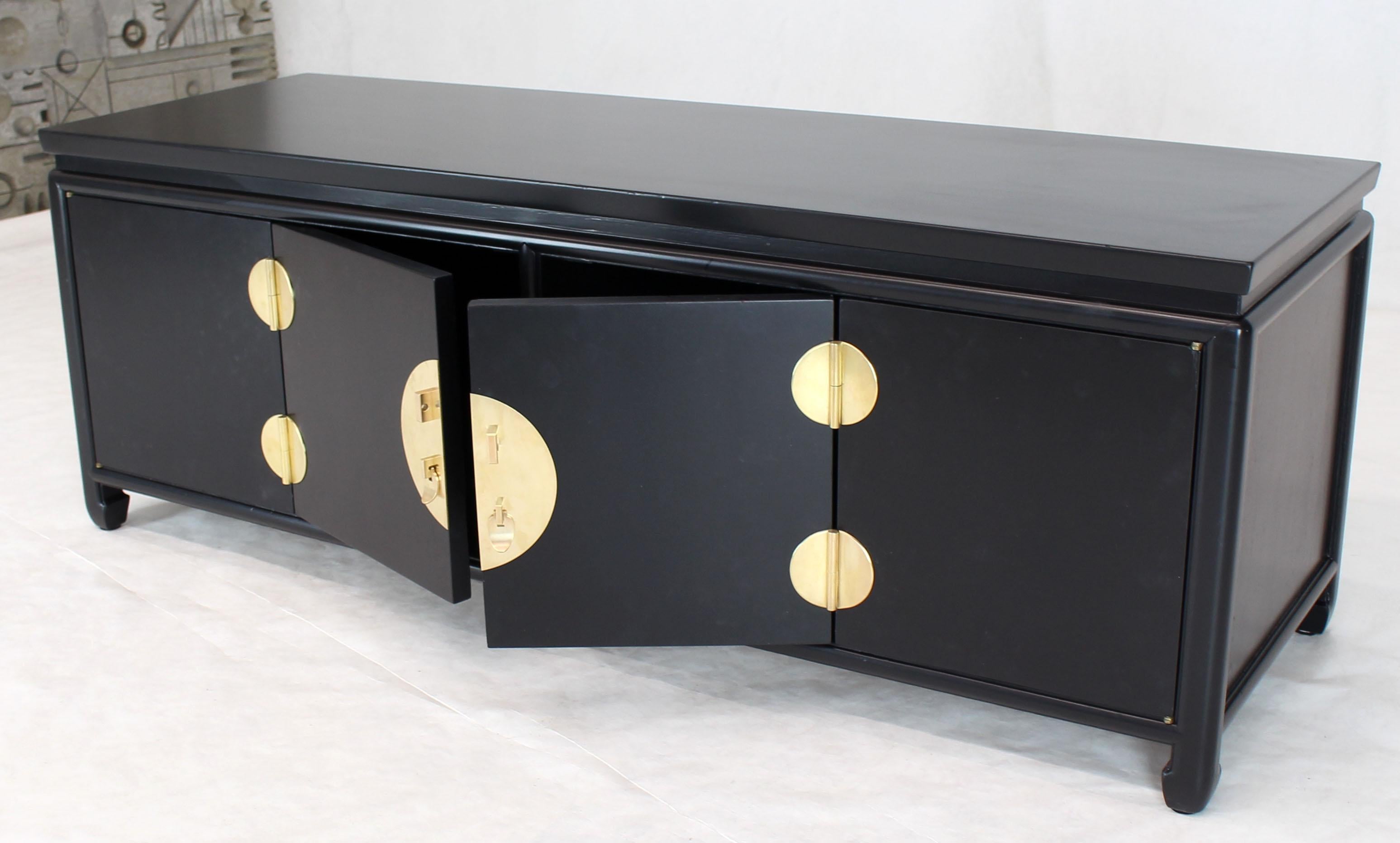 Mid-Century Modern Black Ebonized Low Petite Small Credenza Stand with Solid Brass Hardware Pulls For Sale