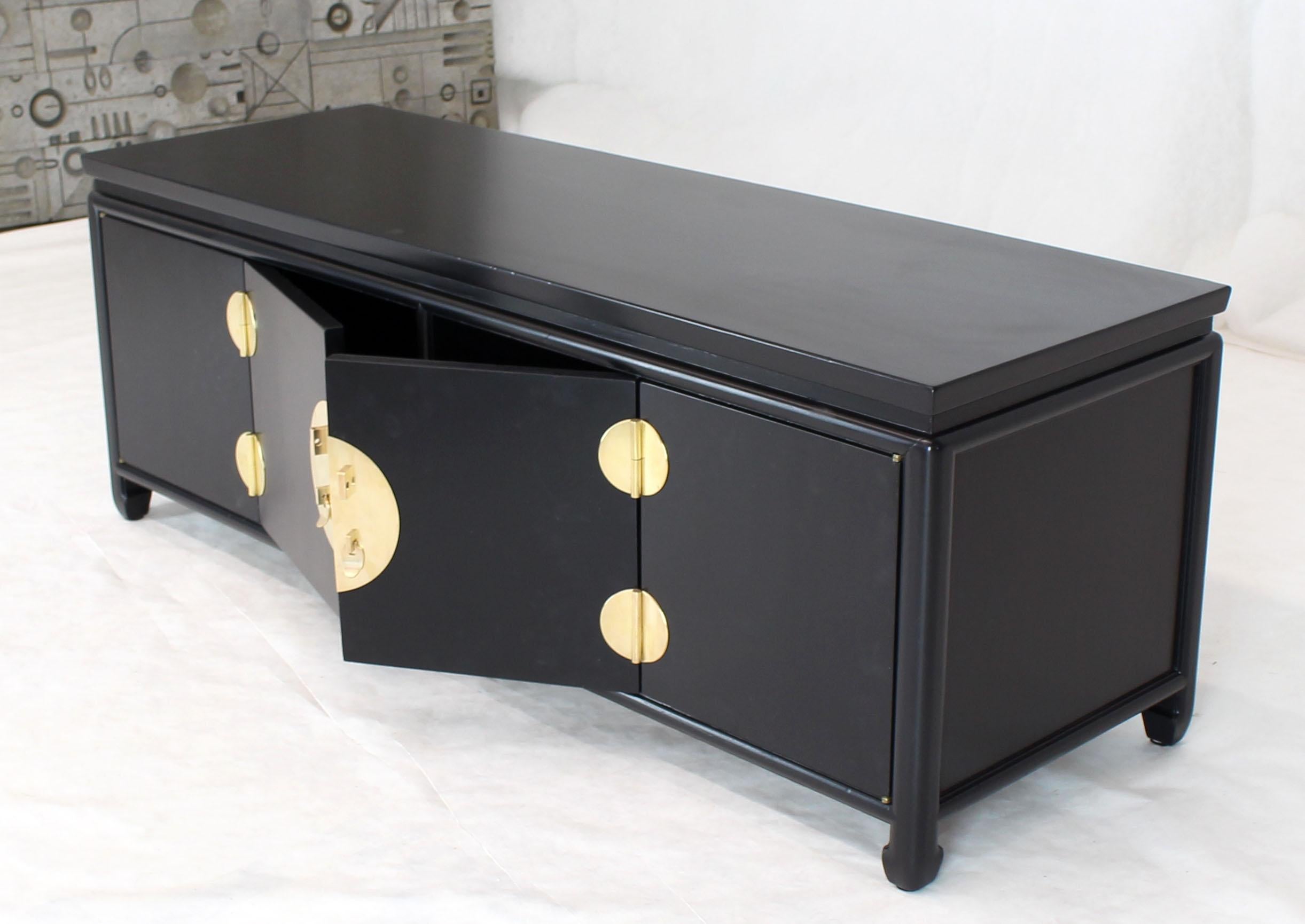 American Black Ebonized Low Petite Small Credenza Stand with Solid Brass Hardware Pulls For Sale