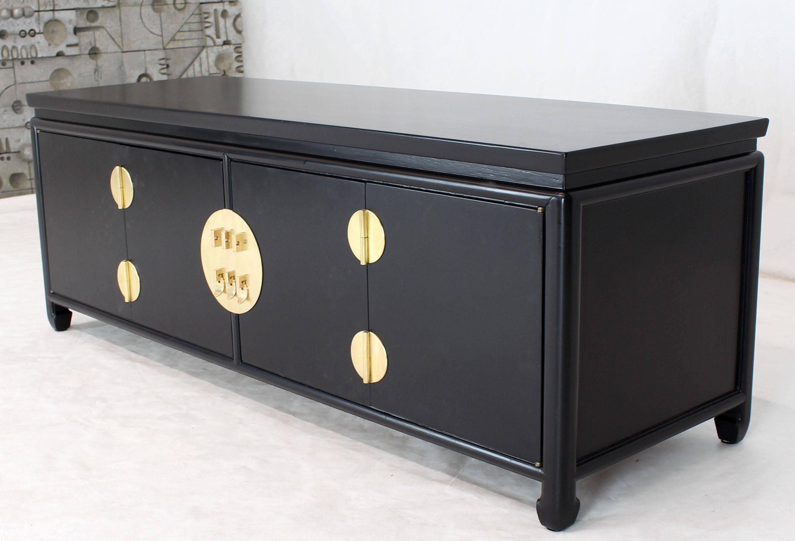 Lacquered Black Ebonized Low Petite Small Credenza Stand with Solid Brass Hardware Pulls For Sale