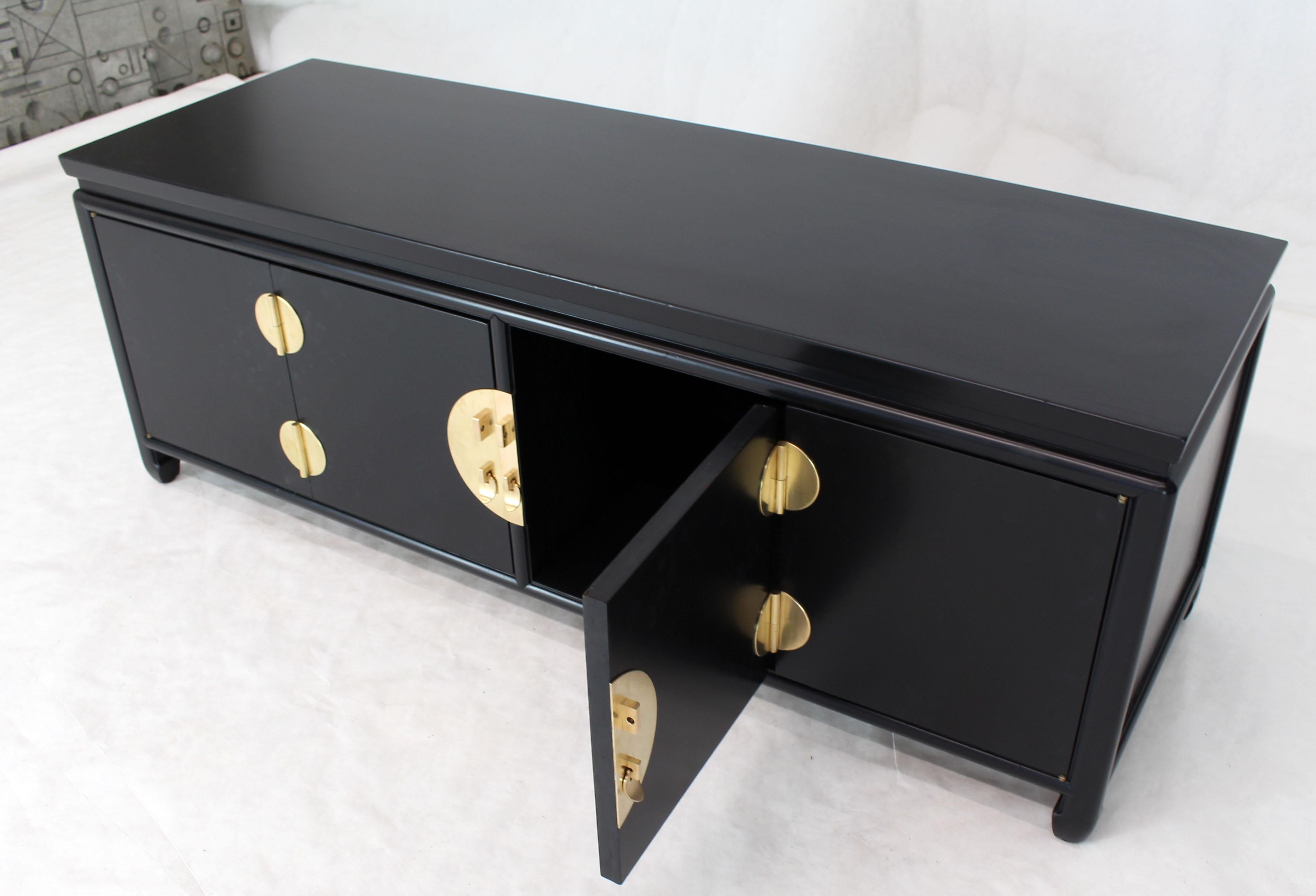 Black Ebonized Low Petite Small Credenza Stand with Solid Brass Hardware Pulls For Sale 1