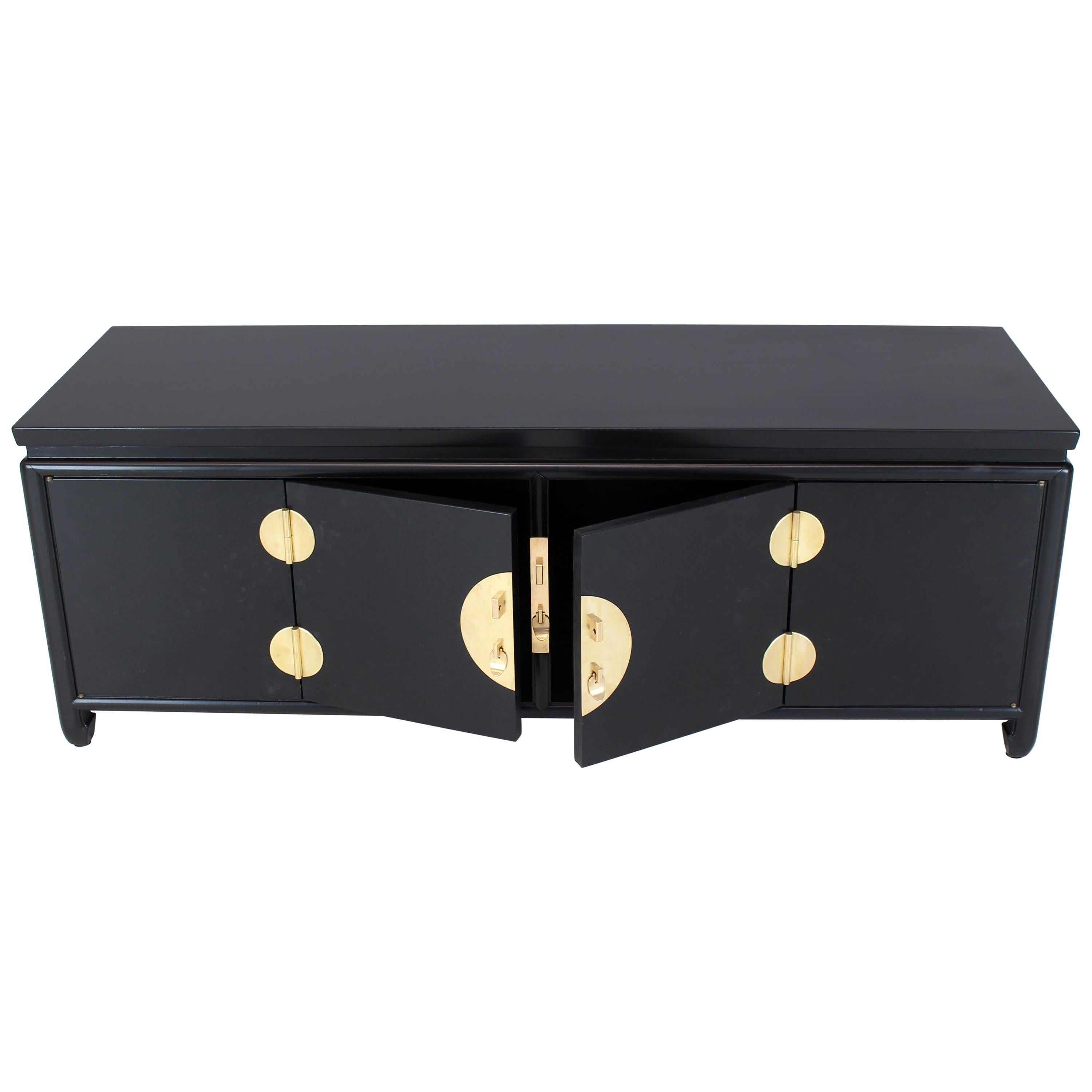 Black Ebonized Low Petite Small Credenza Stand with Solid Brass Hardware Pulls For Sale
