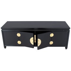 Black Ebonized Low Petite Small Credenza Stand with Solid Brass Hardware Pulls