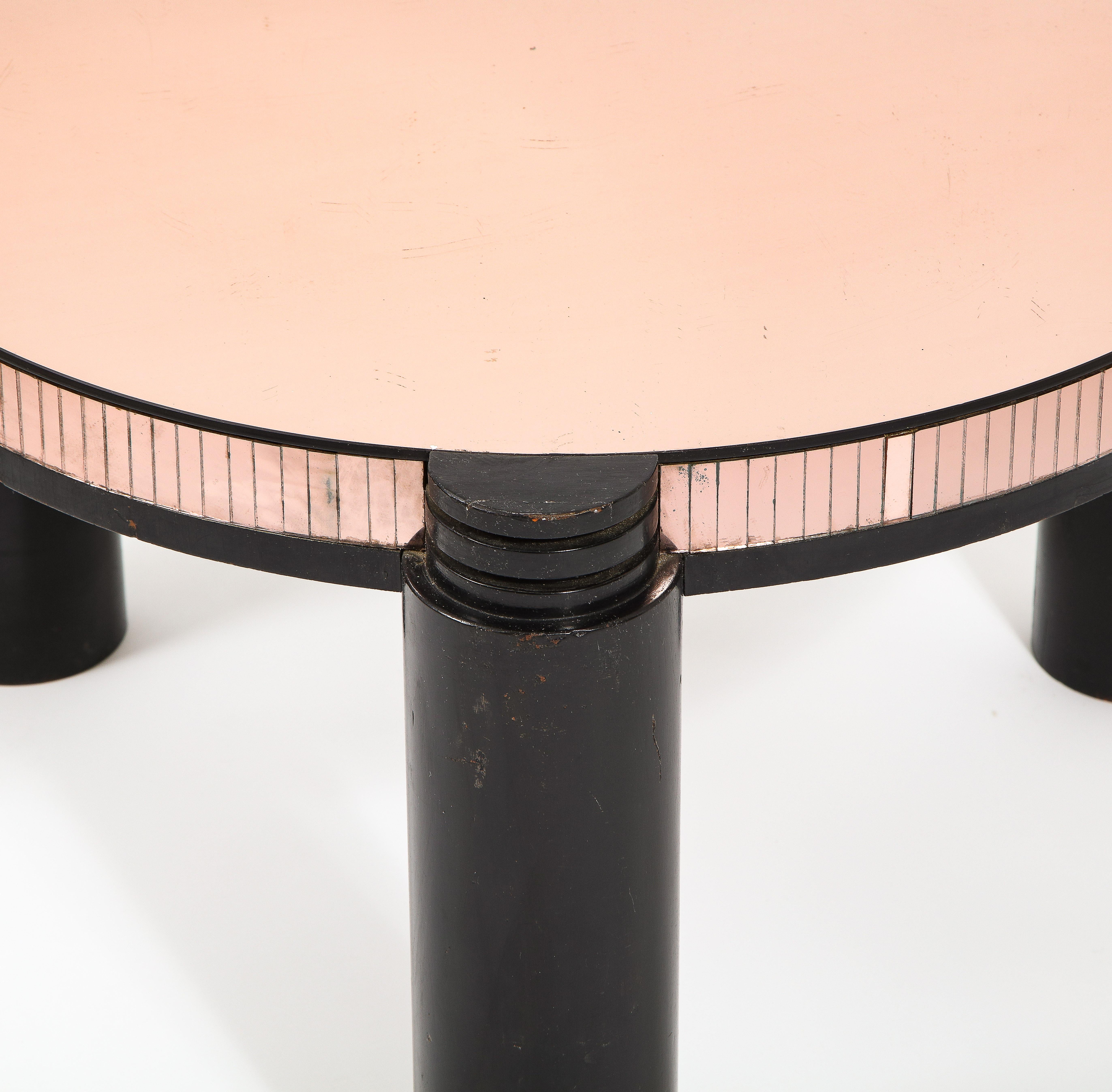 Black Ebonized & Pink Mirror Round Deco Style Cocktail Table, France 1940's For Sale 4