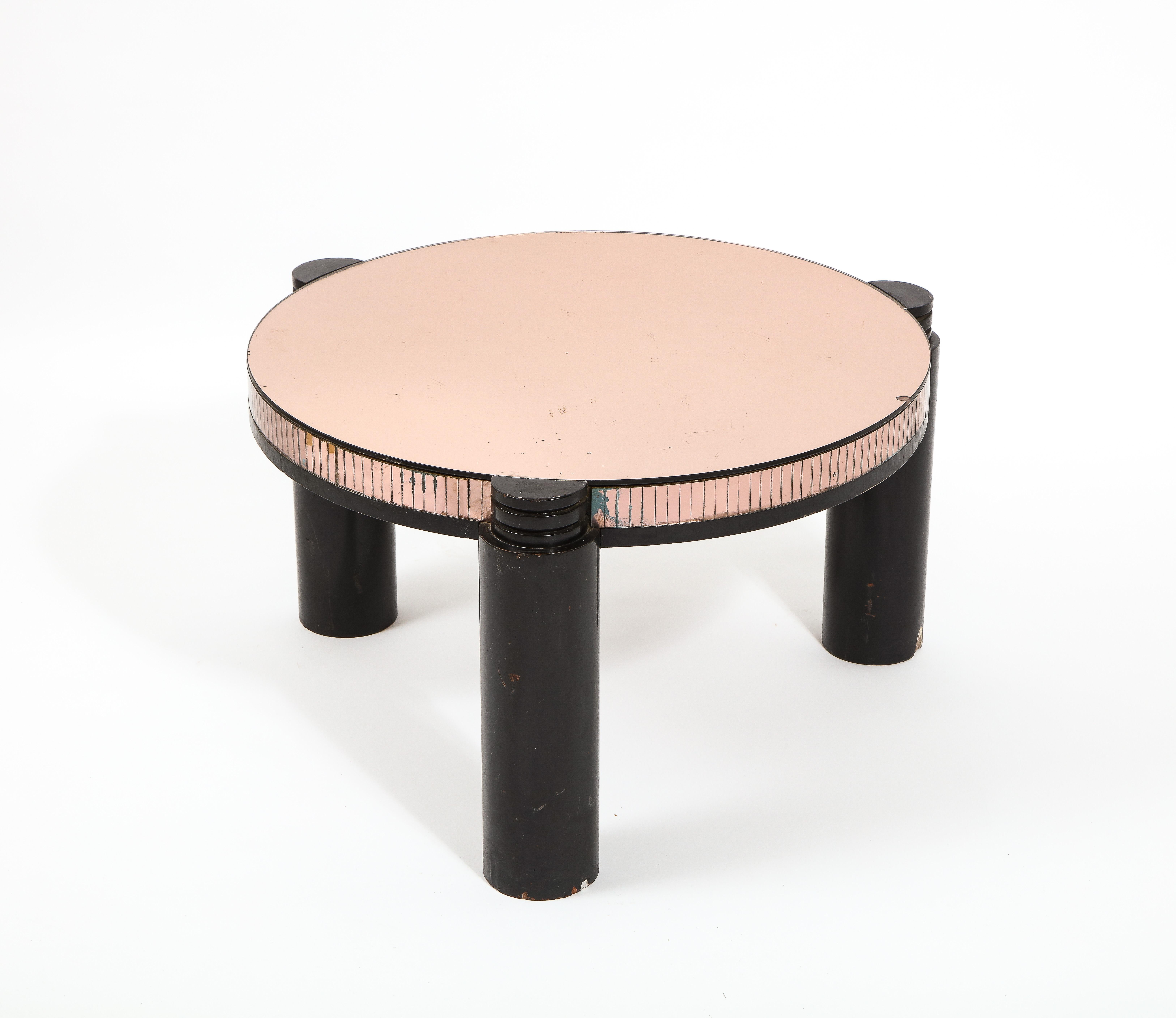 Black Ebonized & Pink Mirror Round Deco Style Cocktail Table, France 1940's For Sale 6