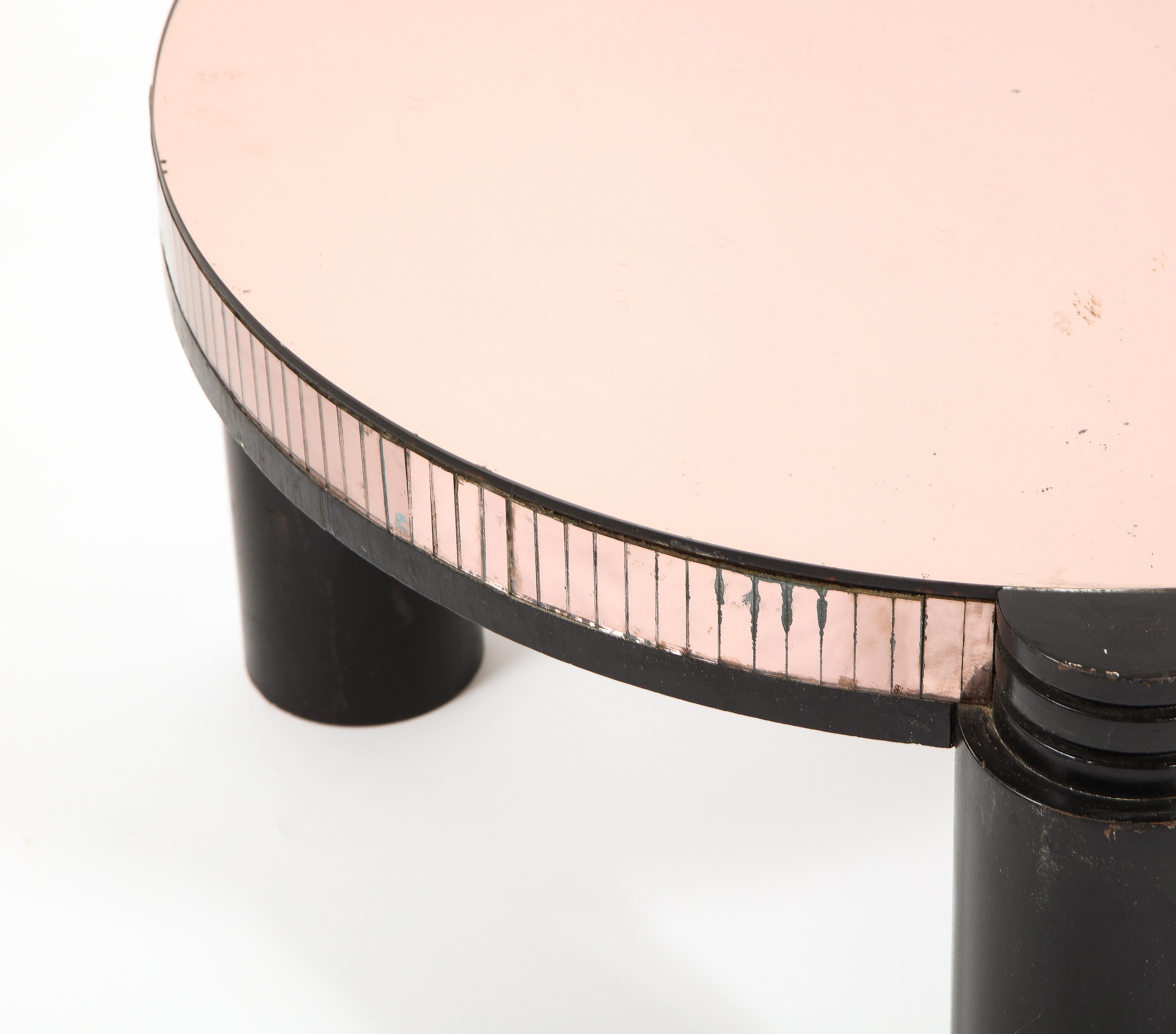 Black Ebonized & Pink Mirror Round Deco Style Cocktail Table, France 1940's For Sale 7