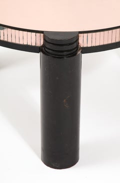Black Ebonized & Pink Mirror Round Deco Style Cocktail Table, France 1940's