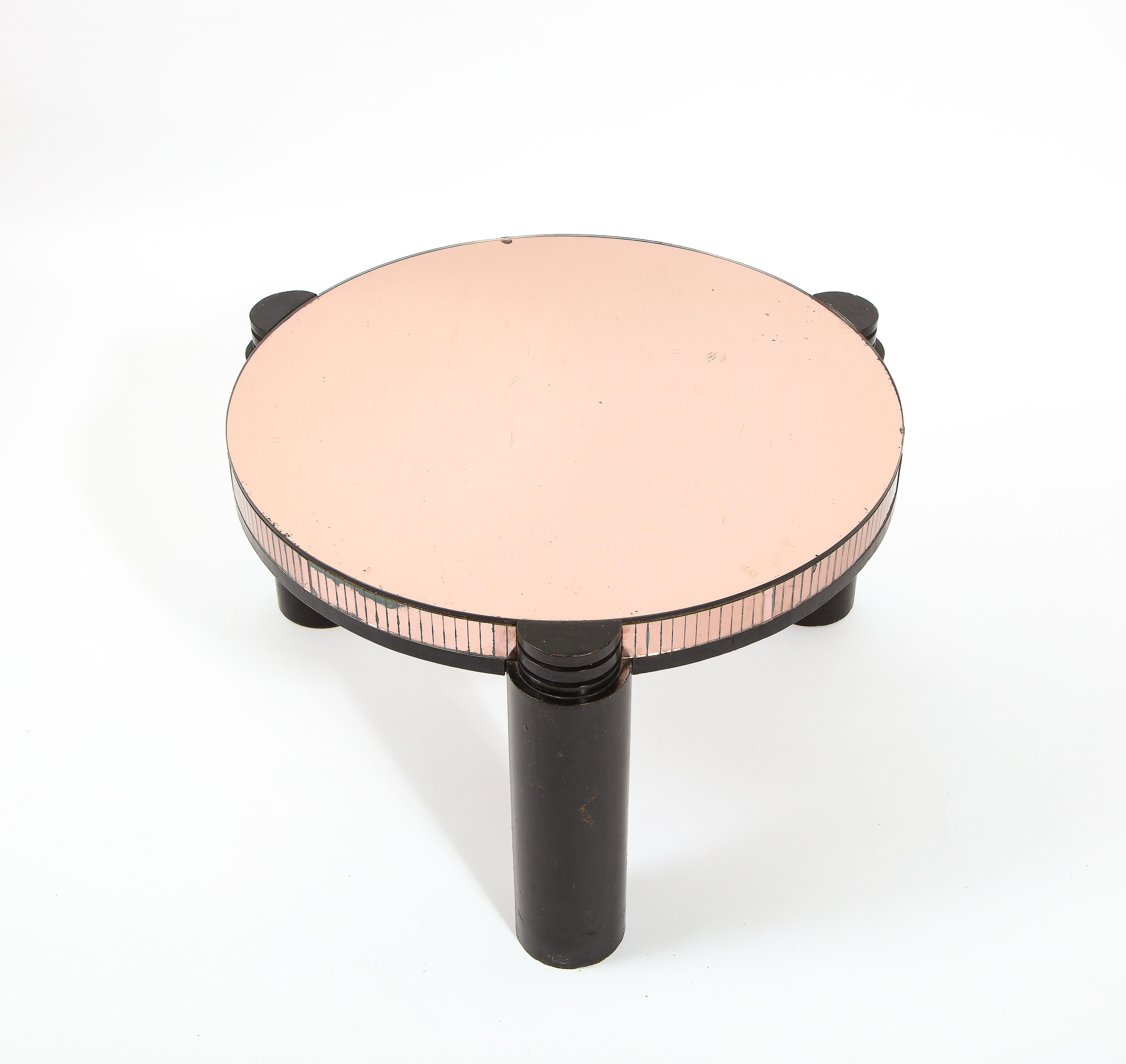 French Black Ebonized & Pink Mirror Round Deco Style Cocktail Table, France 1940's For Sale