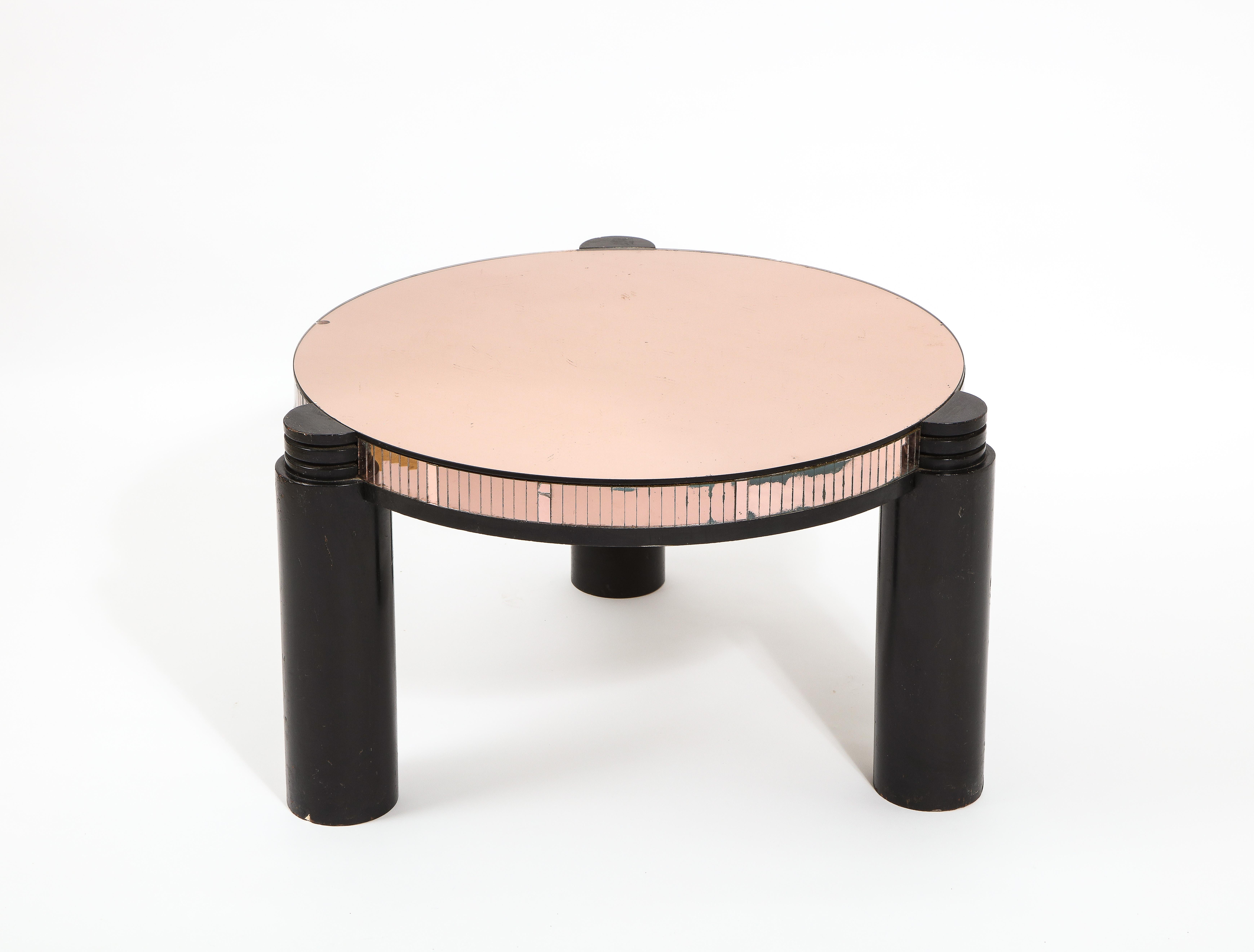 Black Ebonized & Pink Mirror Round Deco Style Cocktail Table, France 1940's In Good Condition For Sale In New York, NY