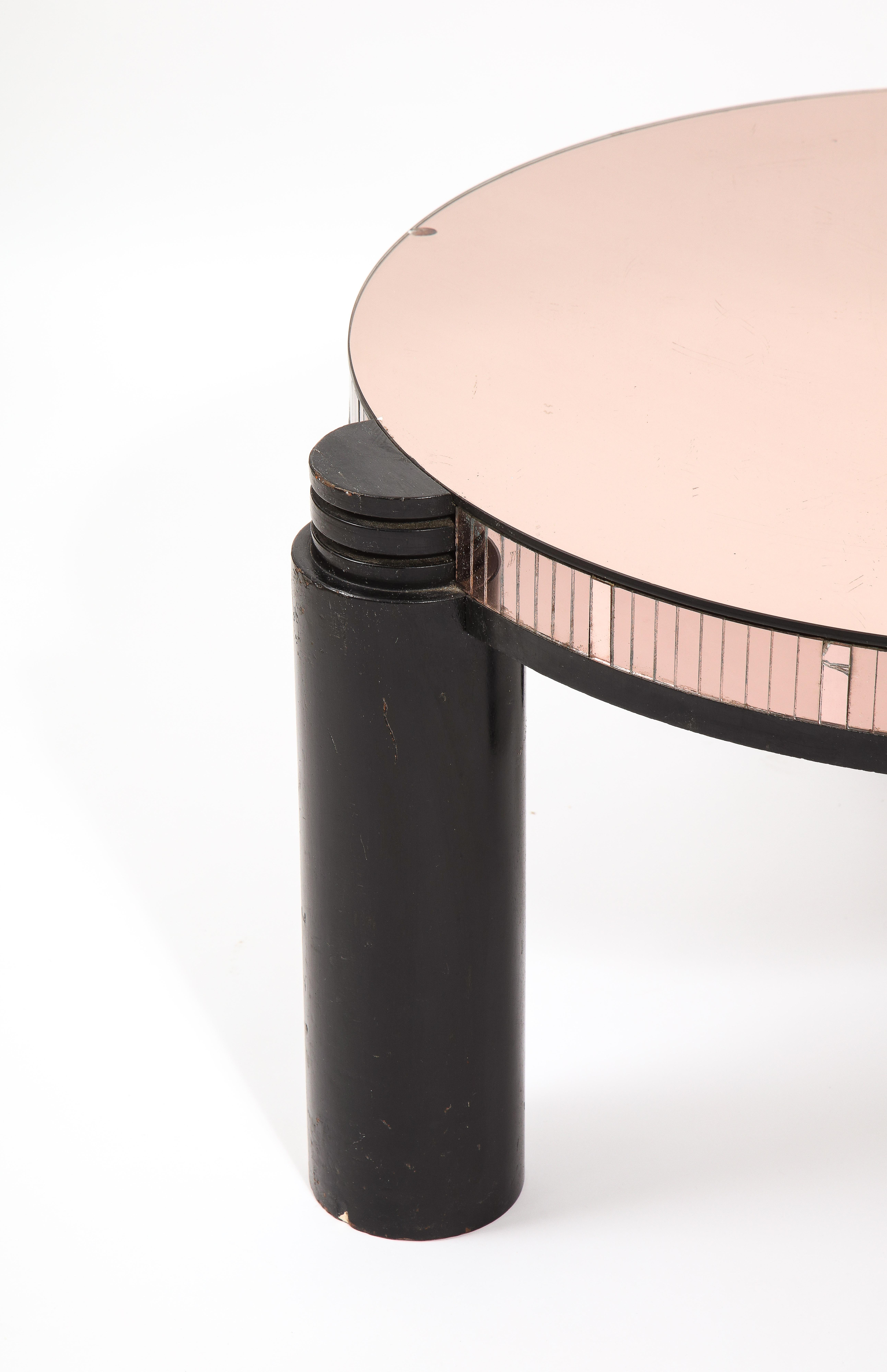 20th Century Black Ebonized & Pink Mirror Round Deco Style Cocktail Table, France 1940's For Sale