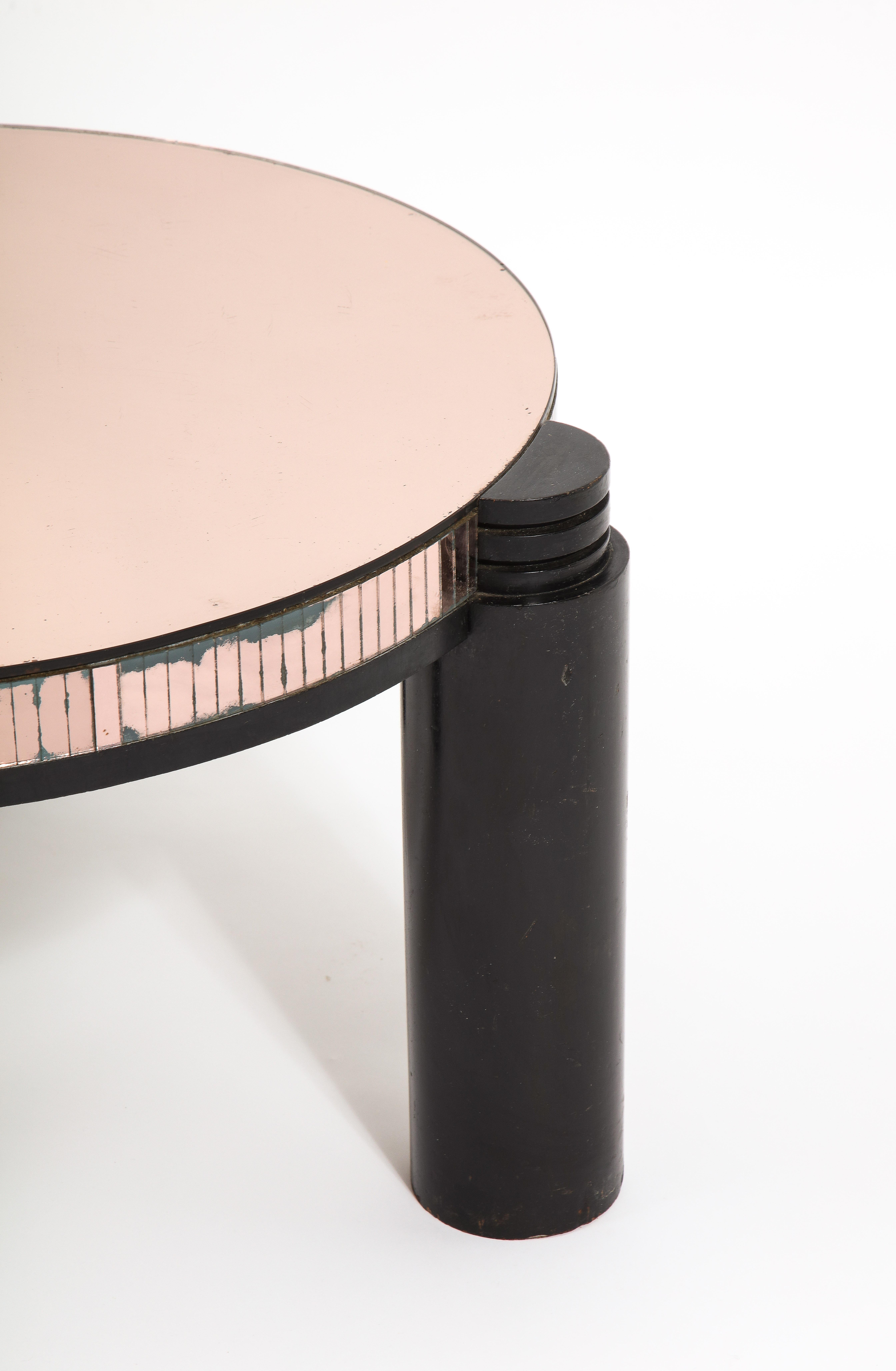 Black Ebonized & Pink Mirror Round Deco Style Cocktail Table, France 1940's For Sale 1