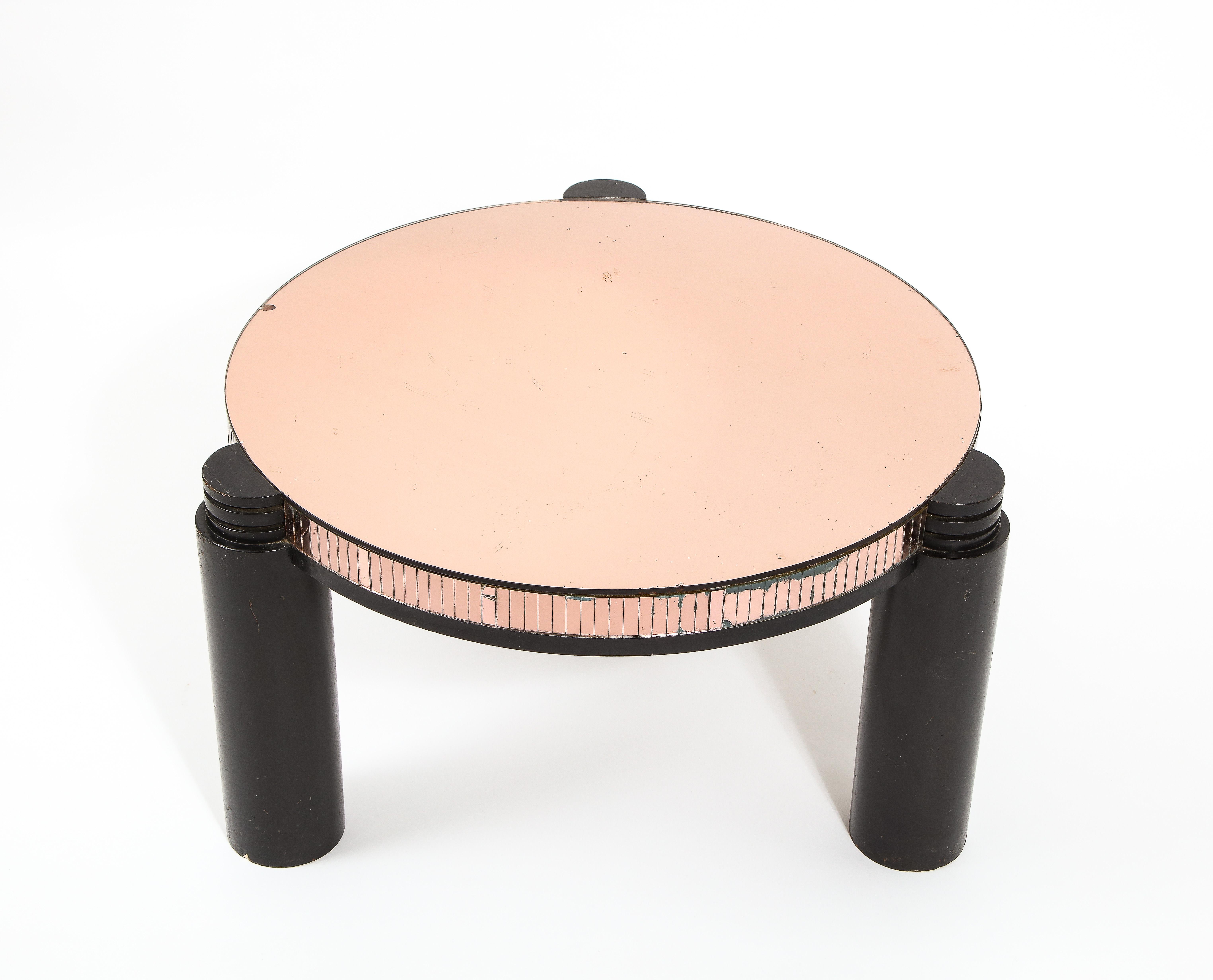 Black Ebonized & Pink Mirror Round Deco Style Cocktail Table, France 1940's For Sale 2