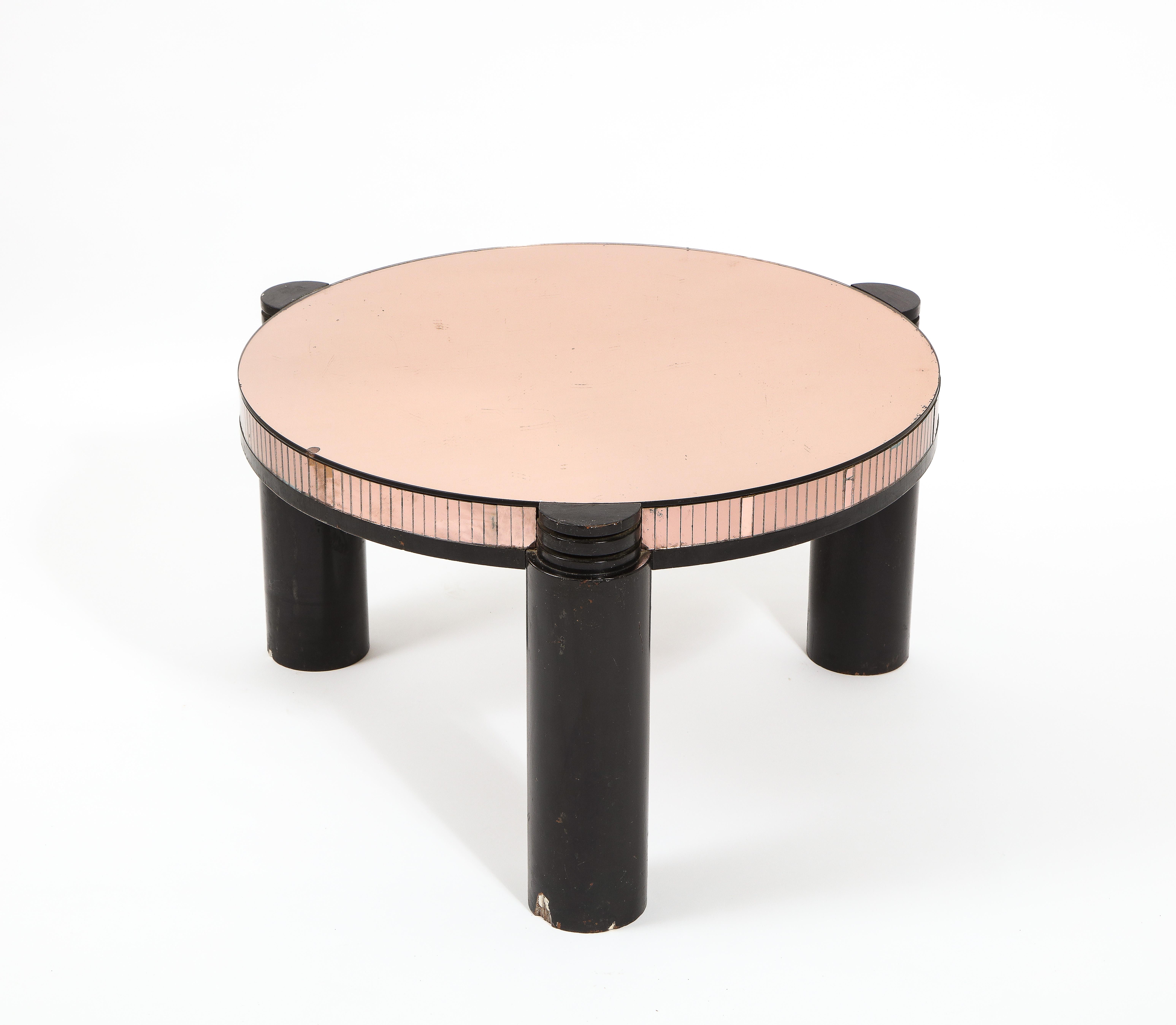 Black Ebonized & Pink Mirror Round Deco Style Cocktail Table, France 1940's For Sale 3