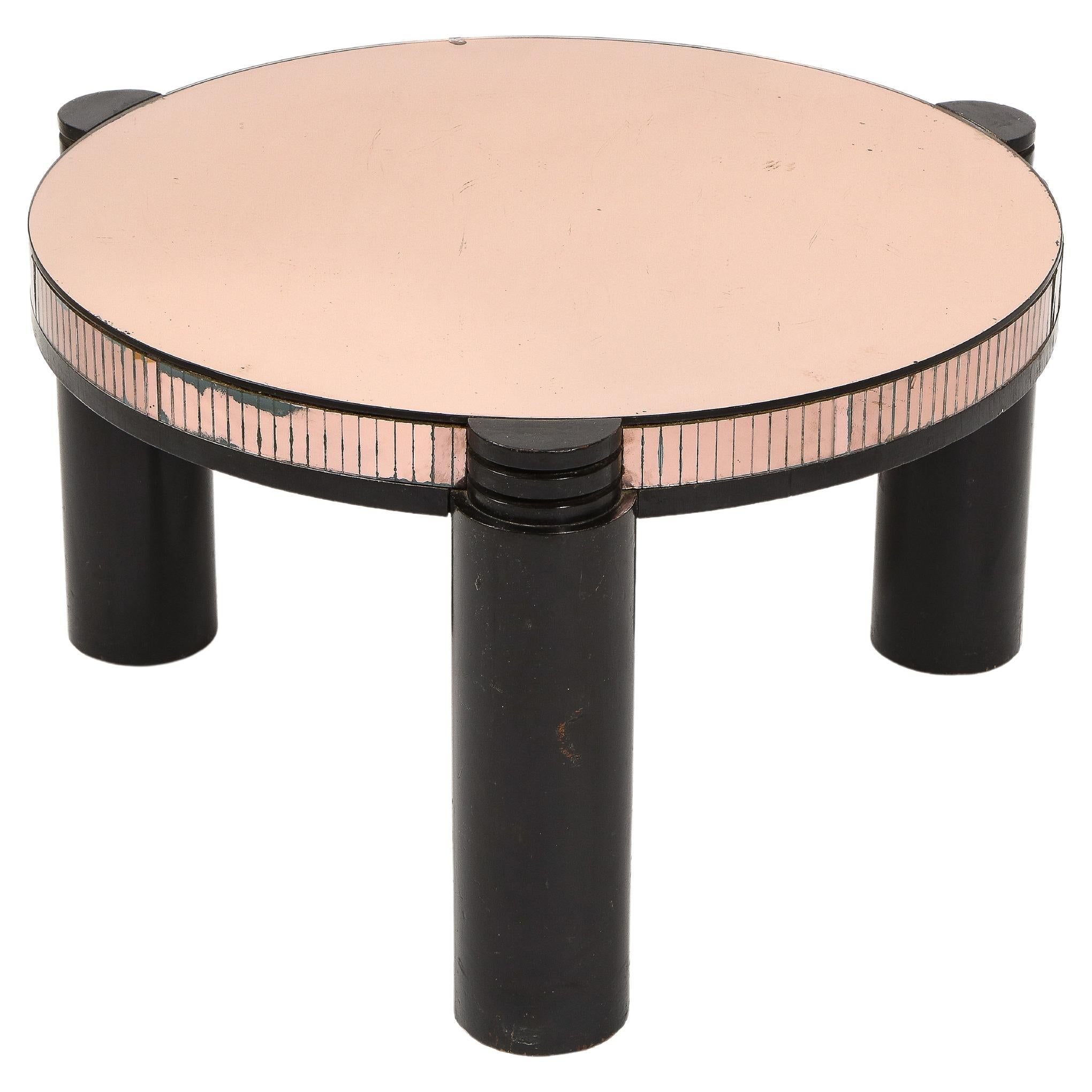 Black Ebonized & Pink Mirror Round Deco Style Cocktail Table, France 1940's For Sale