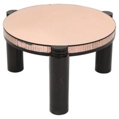 Black Ebonized & Pink Mirror Round Deco Style Cocktail Table, France 1940's
