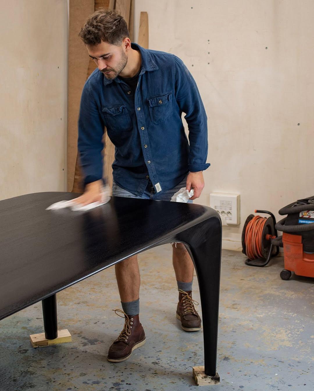 Black Stained Ash Dining Table Spline Hand-Carved and Signed by Maxime Goléo For Sale 3