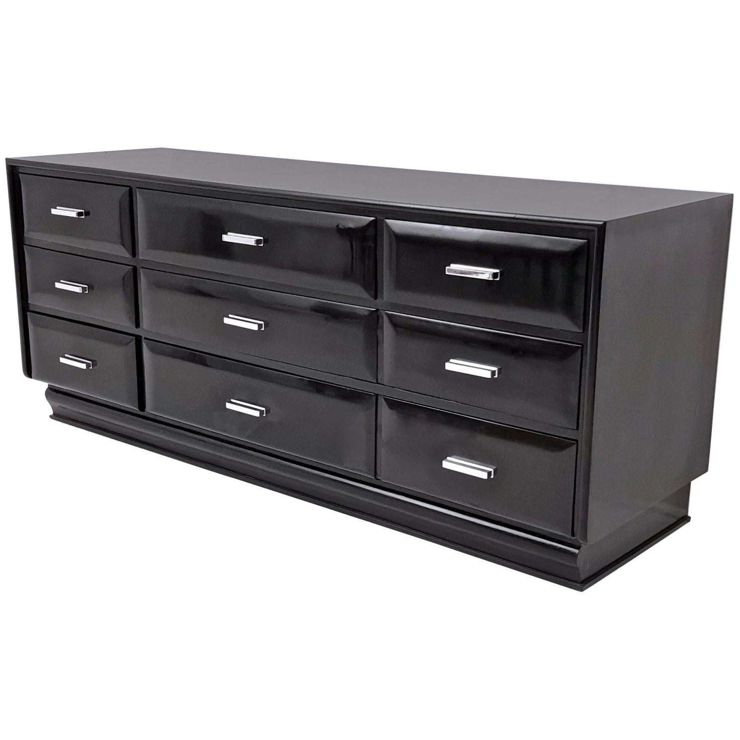 Black Ebonized Wood and Durmast Oak Dresser with Steel Handles, Italy