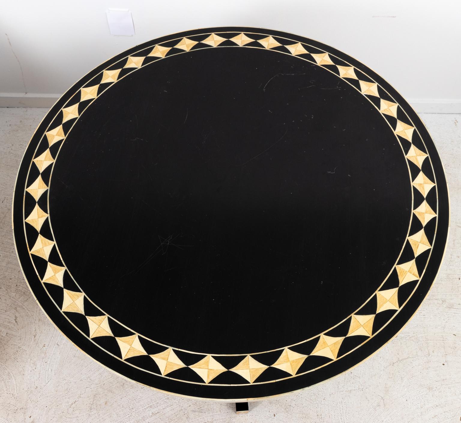 Wood Black Ebony Round Table with Faux Bone and Ivory Detail For Sale
