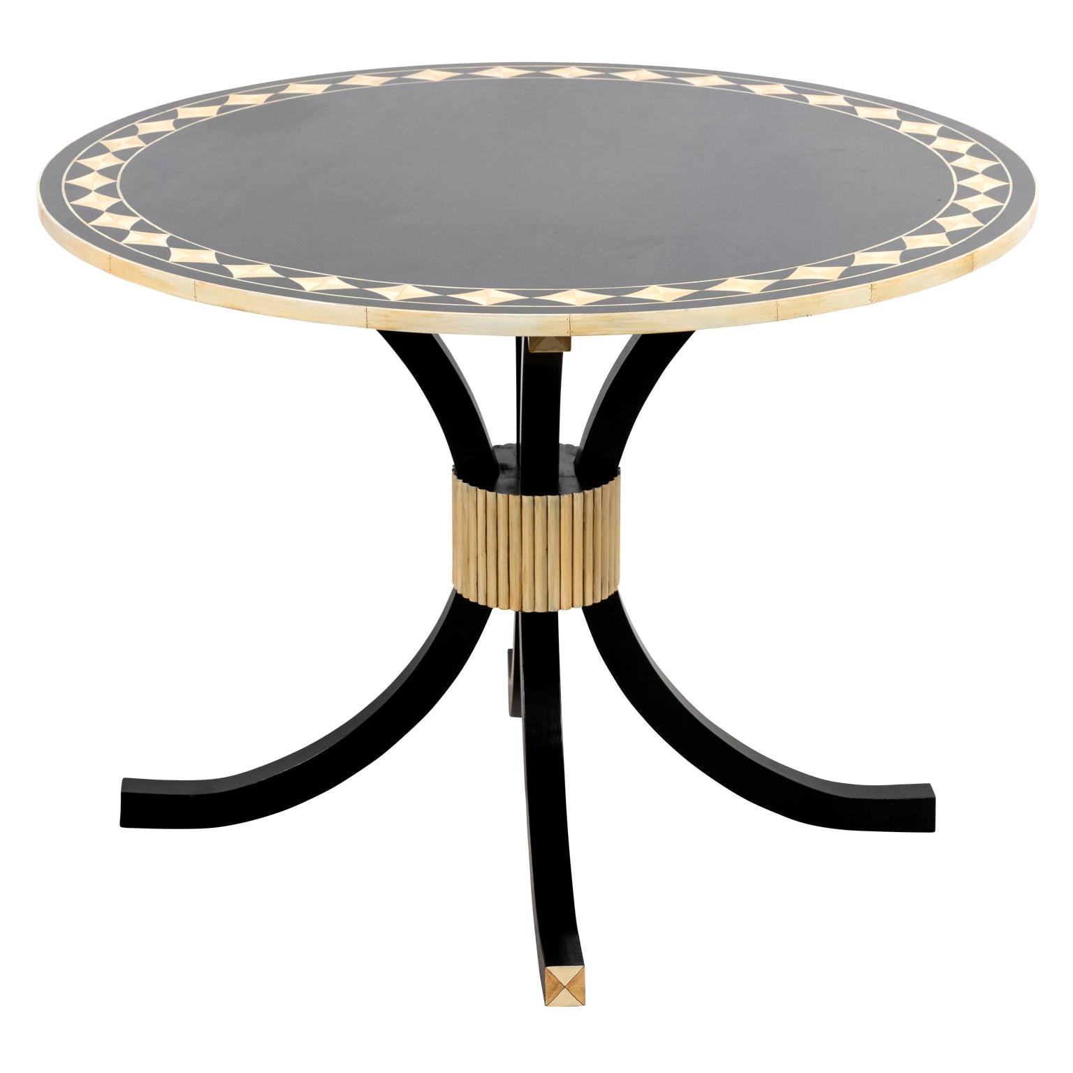 Black Ebony Round Table with Faux Bone and Ivory Detail For Sale