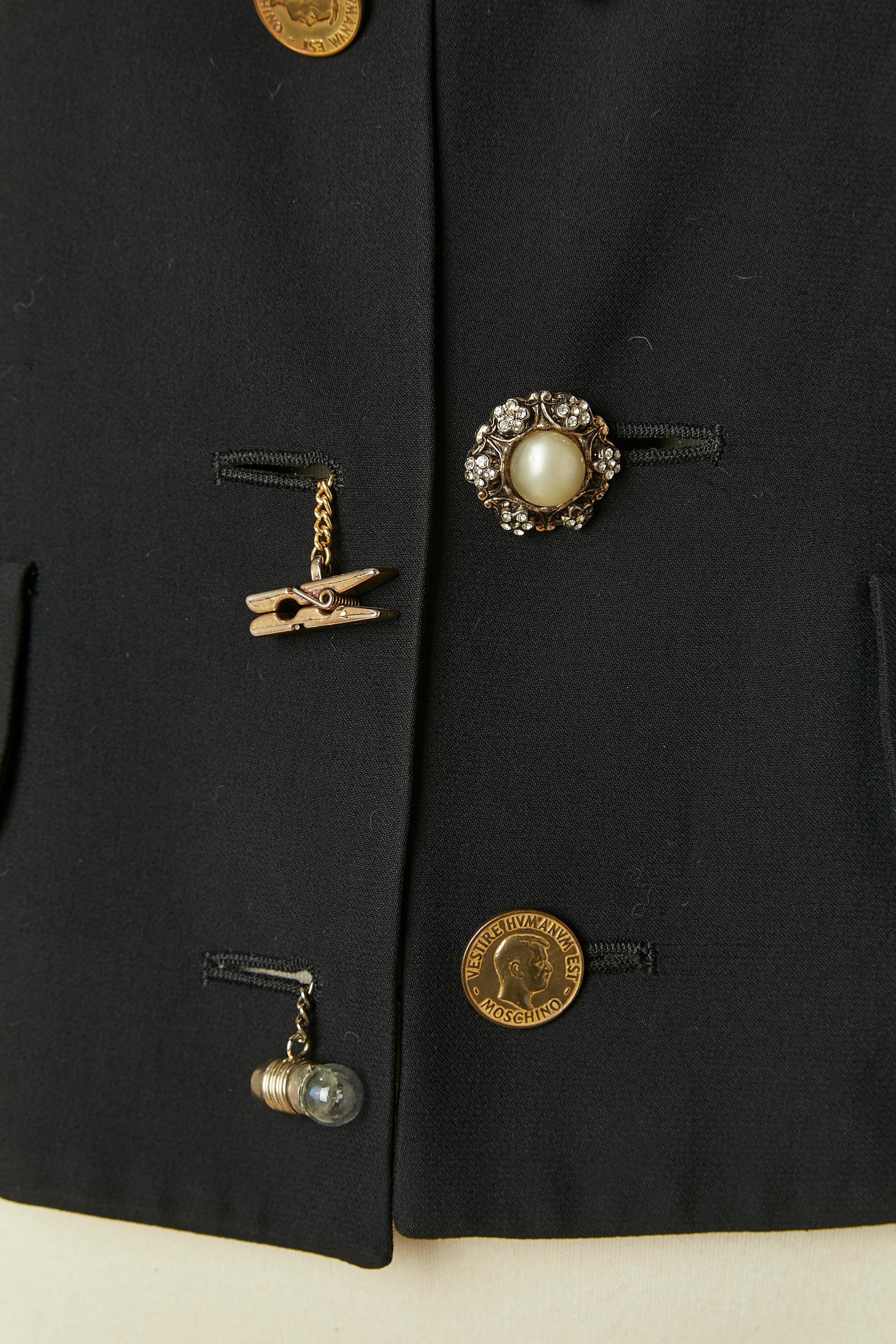 Black edge to edge jacket with mismatched buttons MOSCHINO In Excellent Condition For Sale In Saint-Ouen-Sur-Seine, FR