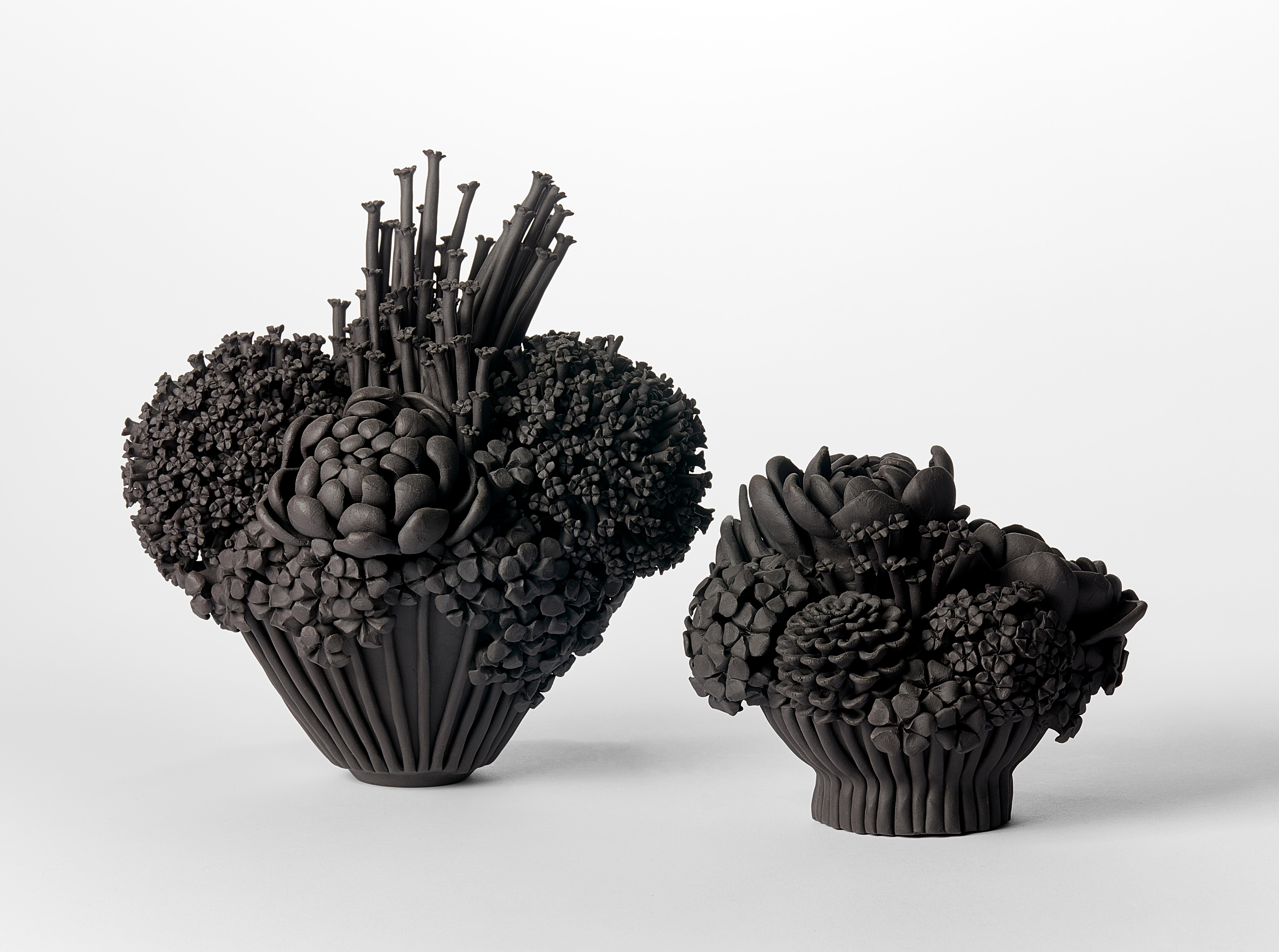 Black Efflorescence I, Floral Black Stoneware Ceramic Sculpture by Vanessa Hogge In New Condition For Sale In London, GB