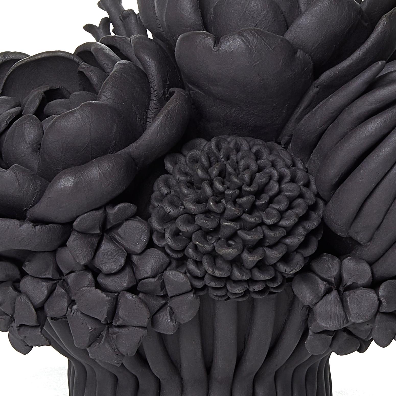 Hand-Crafted Black Efflorescence I, Floral Black Stoneware Ceramic Sculpture by Vanessa Hogge For Sale