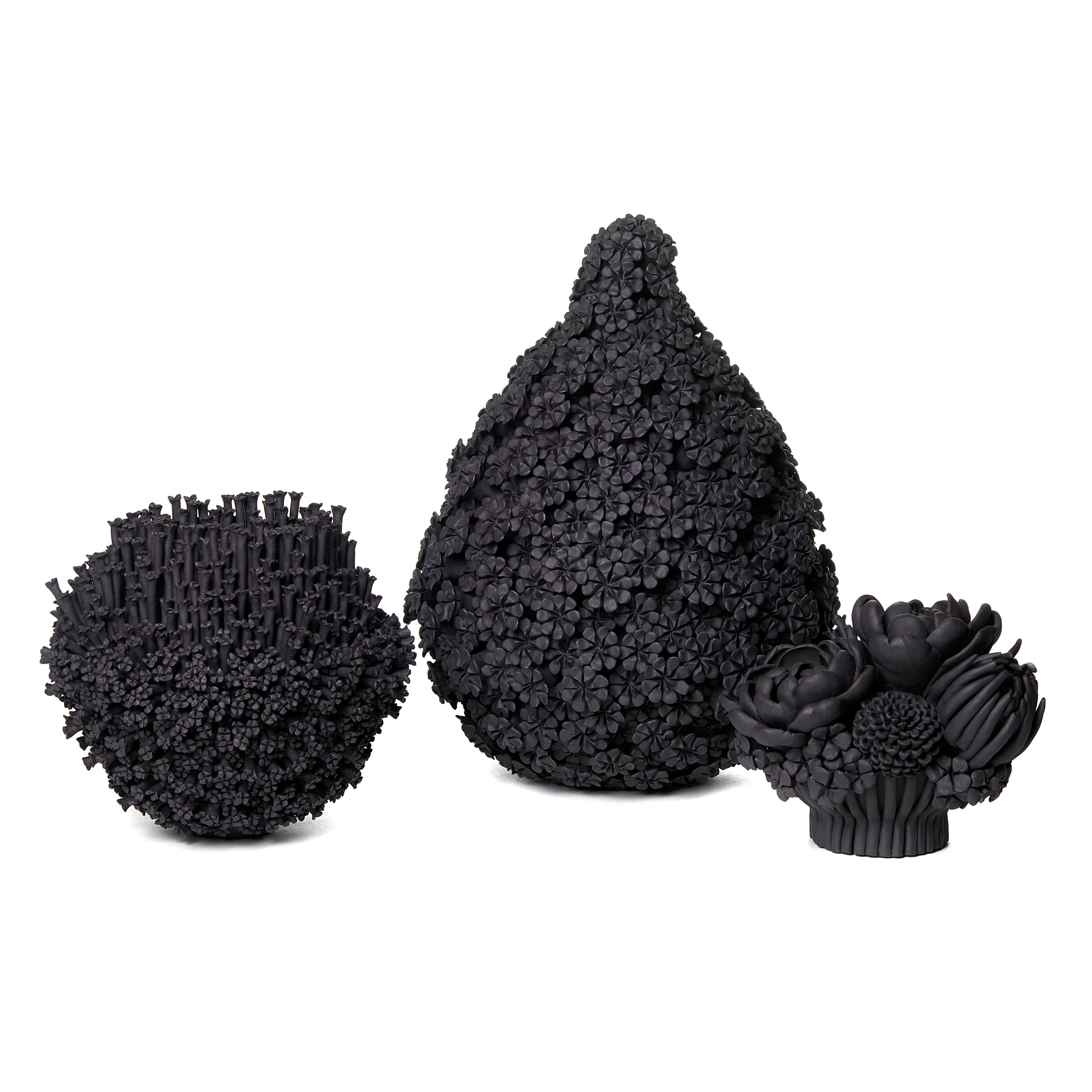 Contemporary Black Efflorescence I, Floral Black Stoneware Ceramic Sculpture by Vanessa Hogge For Sale
