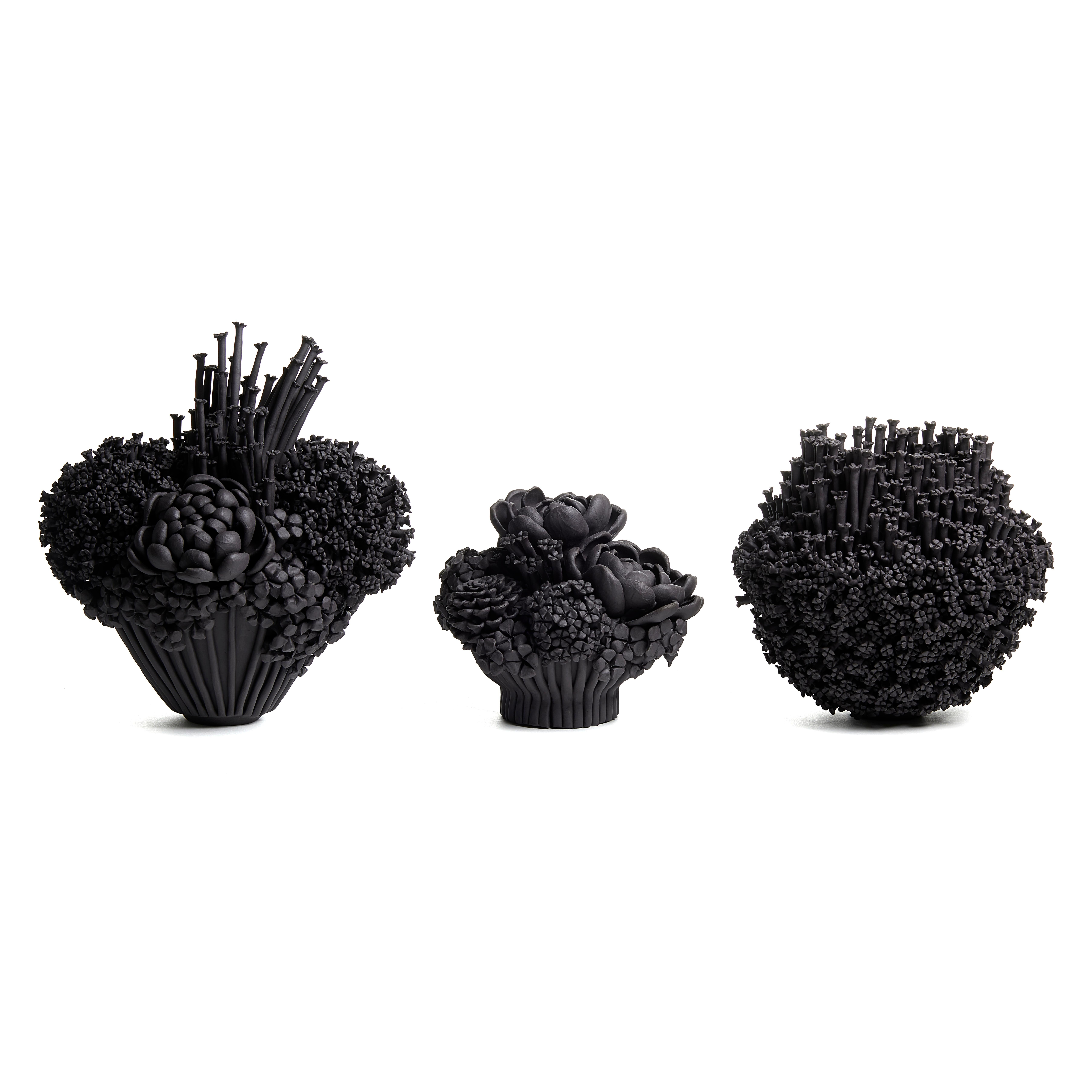Schwarze Efflorescence I, geblümte schwarze Steingut-Keramik-Skulptur von Vanessa Hogge im Angebot 2