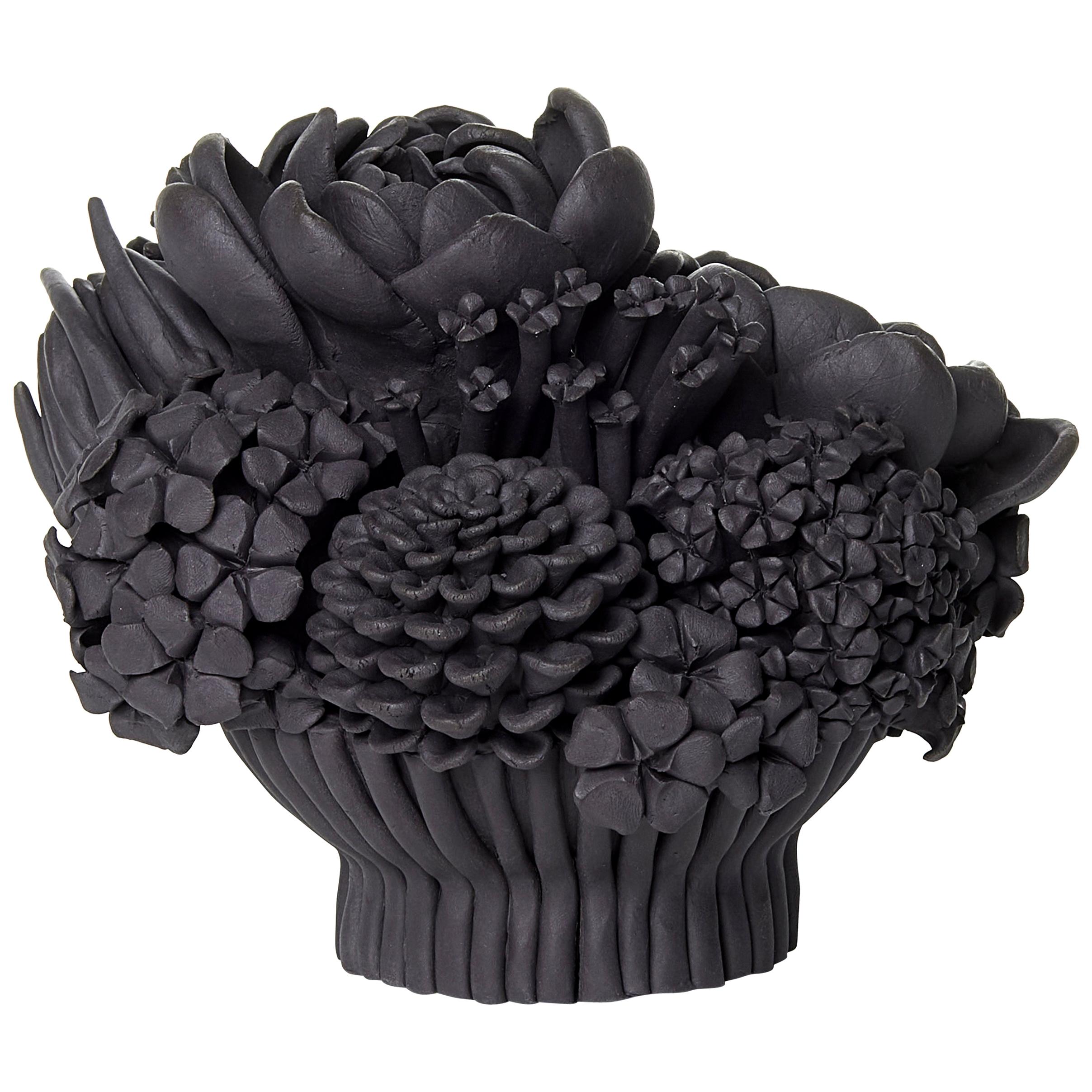 Black Efflorescence I, Floral Black Stoneware Ceramic Sculpture by Vanessa Hogge