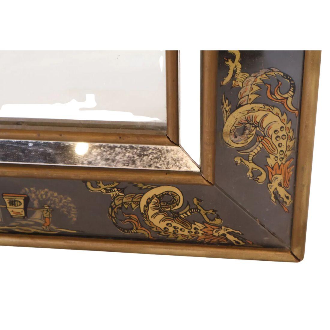 A black eglomise mirror with Asian designs. This exquisite eglomisé mirror features a striking chinoiserie design, where delicate Asian scenes and figures are beautifully hand-painted in gold on a rich black background. The intricate gold detailing