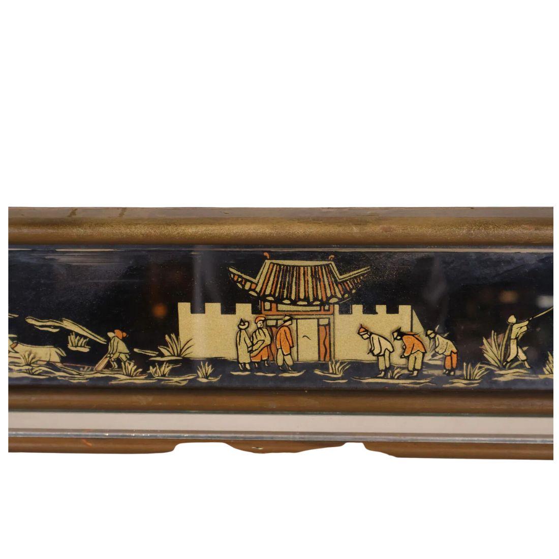 Chinoiserie Black Eglomise Mirror With Asian Designs For Sale