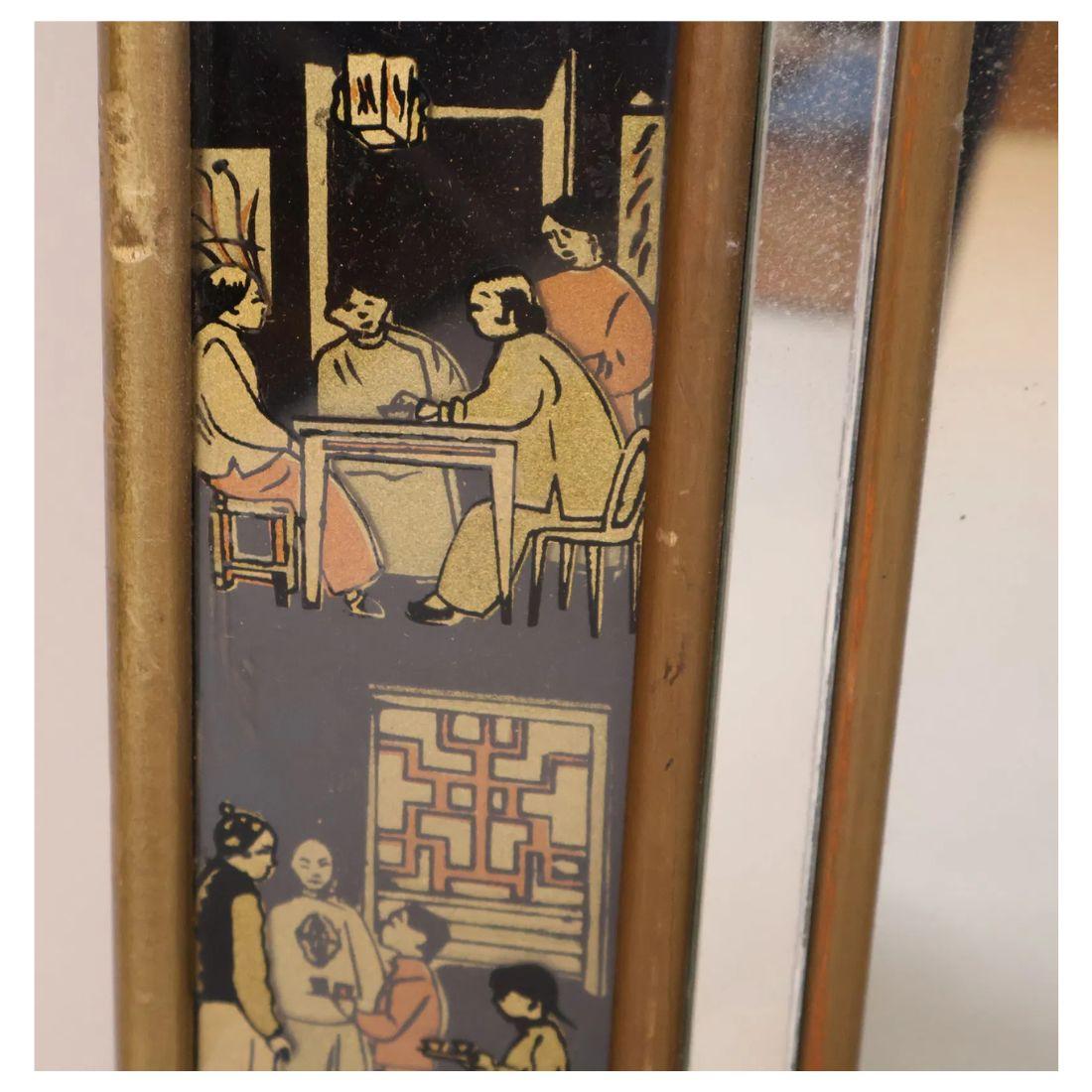Black Eglomise Mirror With Asian Designs In Good Condition For Sale In Locust Valley, NY
