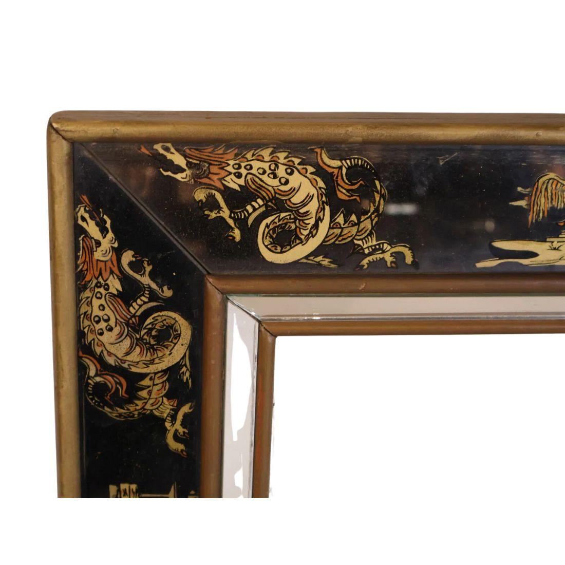 20th Century Black Eglomise Mirror With Asian Designs For Sale