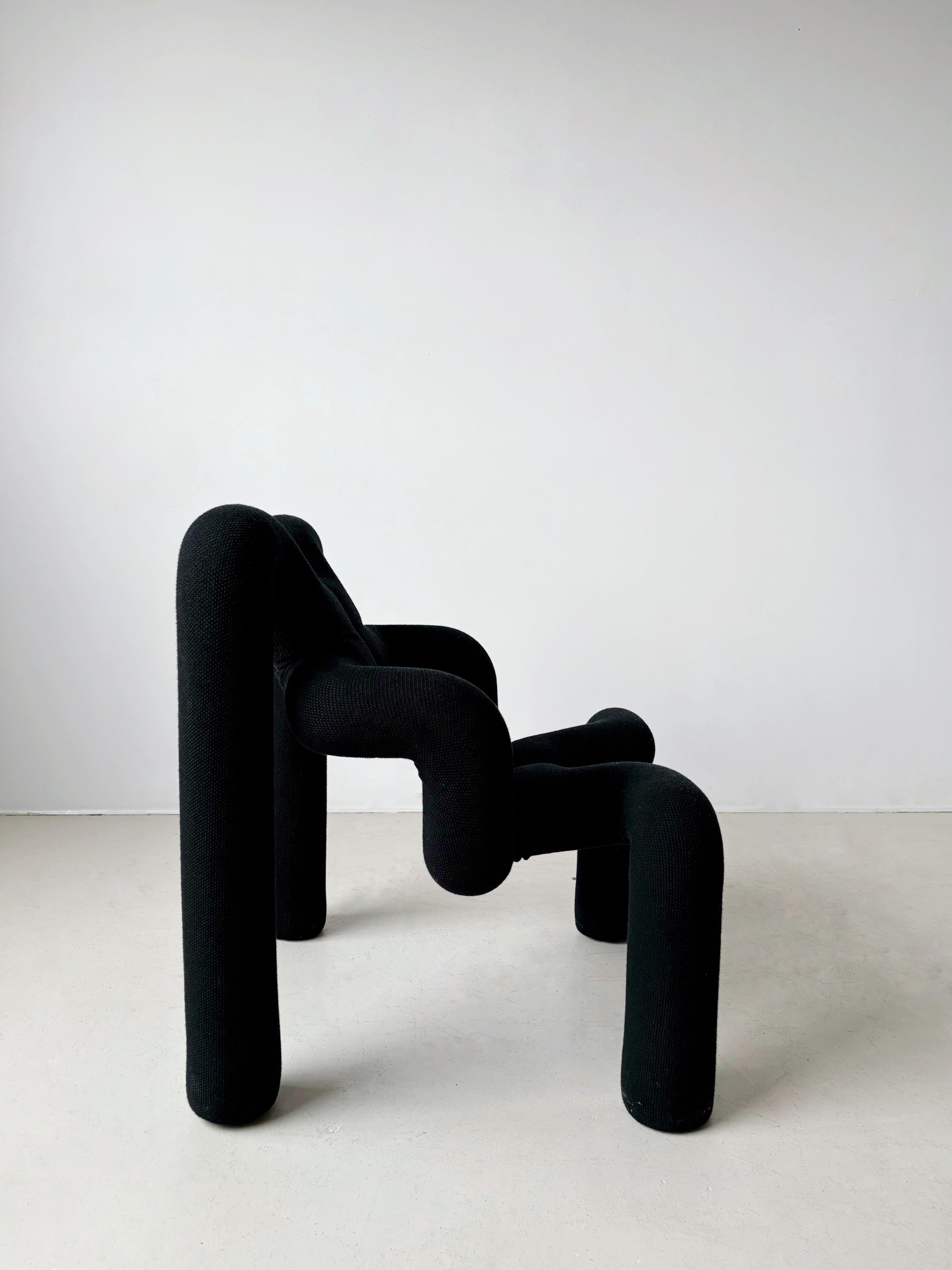Ekstrem chair designed by Terje Ekstrøm, Norway, 1984 

Designed 1984 and produced by Varier, 2022.

Black woolen knit fabric over foam and steel frame. This is the official production of the Ekstrem Chair. 

Height 31”, width 28.25”, depth 27.5”,