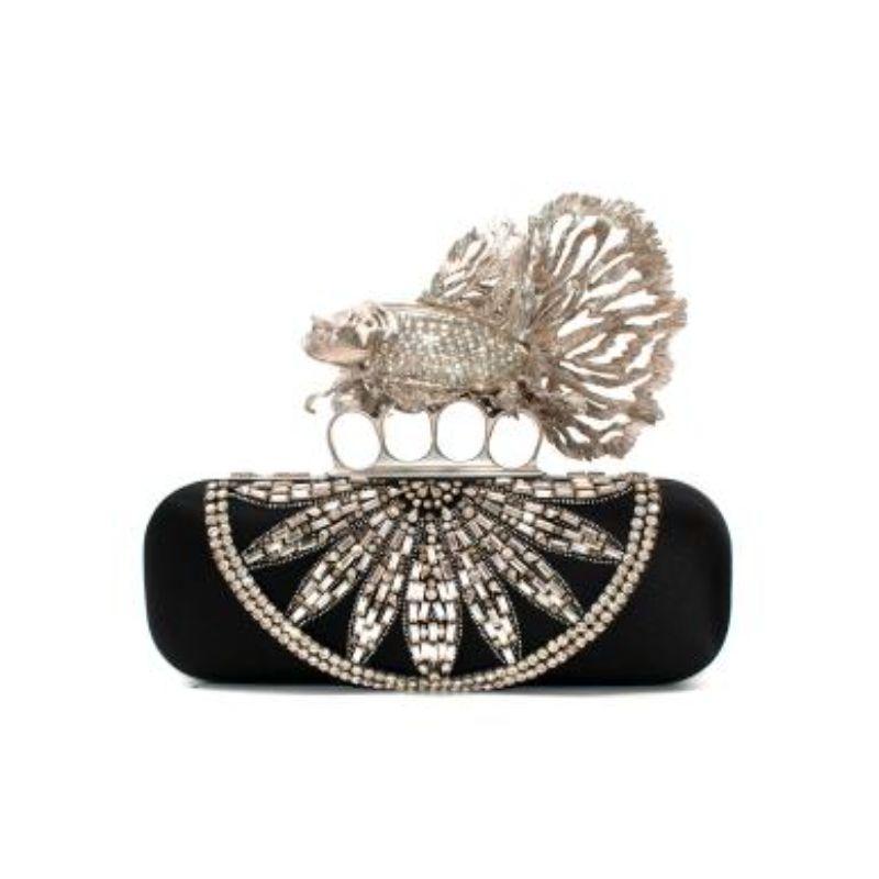 Alexander McQueen Black Embellished Fish Knuckle Box Clutch
 
 -Fish knuckle design with Swarovski crystal detail on silk satin
 -Circle embroidery detail on front
 -Nappa leather interior
 -Brass hardware with silver finish
 - SS15
 
 Materials:
 
