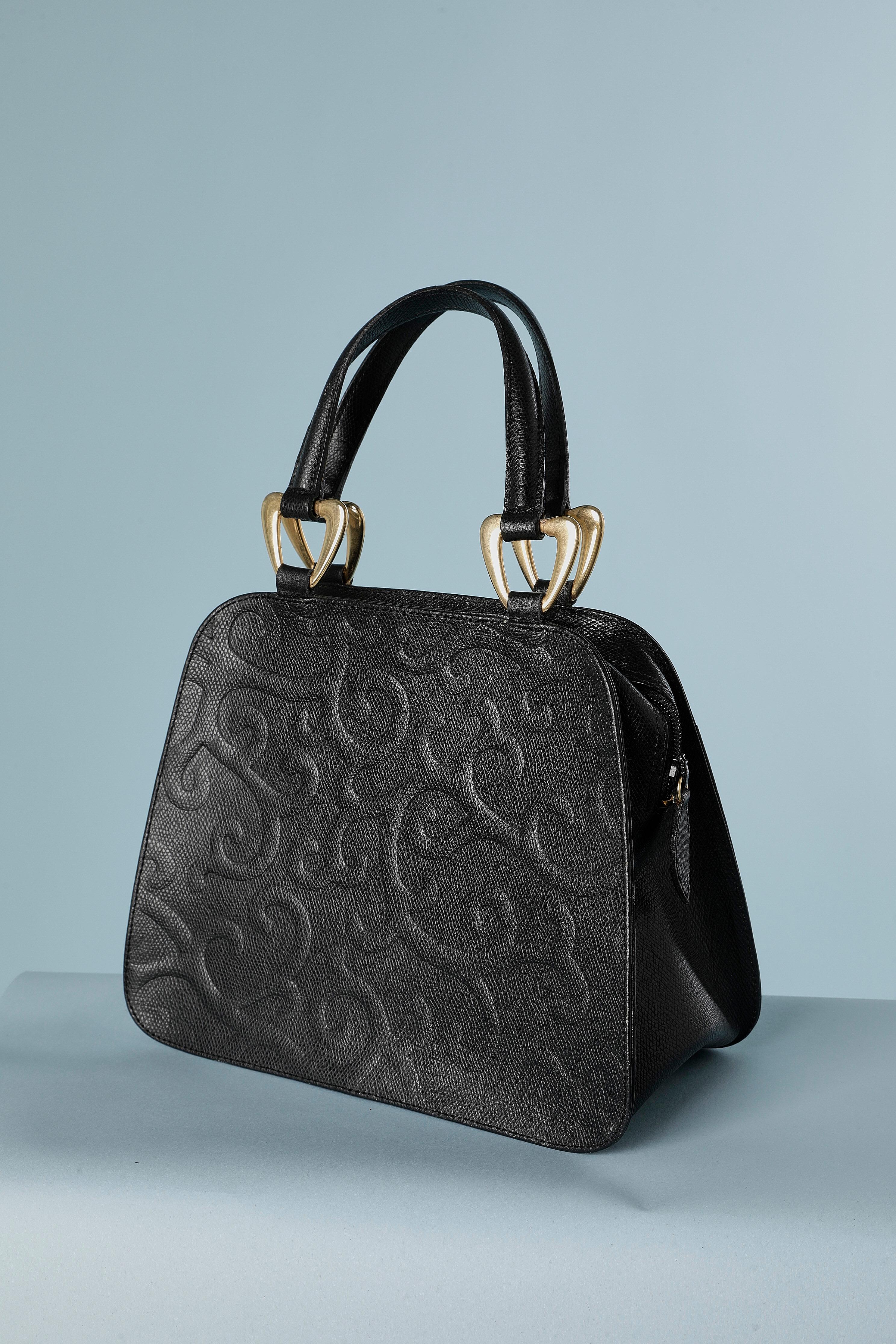 Black emboss leather hand bag Yves Saint Laurent  In Excellent Condition For Sale In Saint-Ouen-Sur-Seine, FR