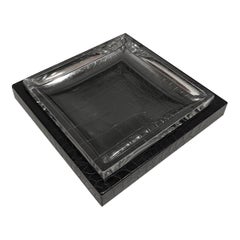 Black Embossed Leather Faux Croc & Glass Square Cigar Ashtray