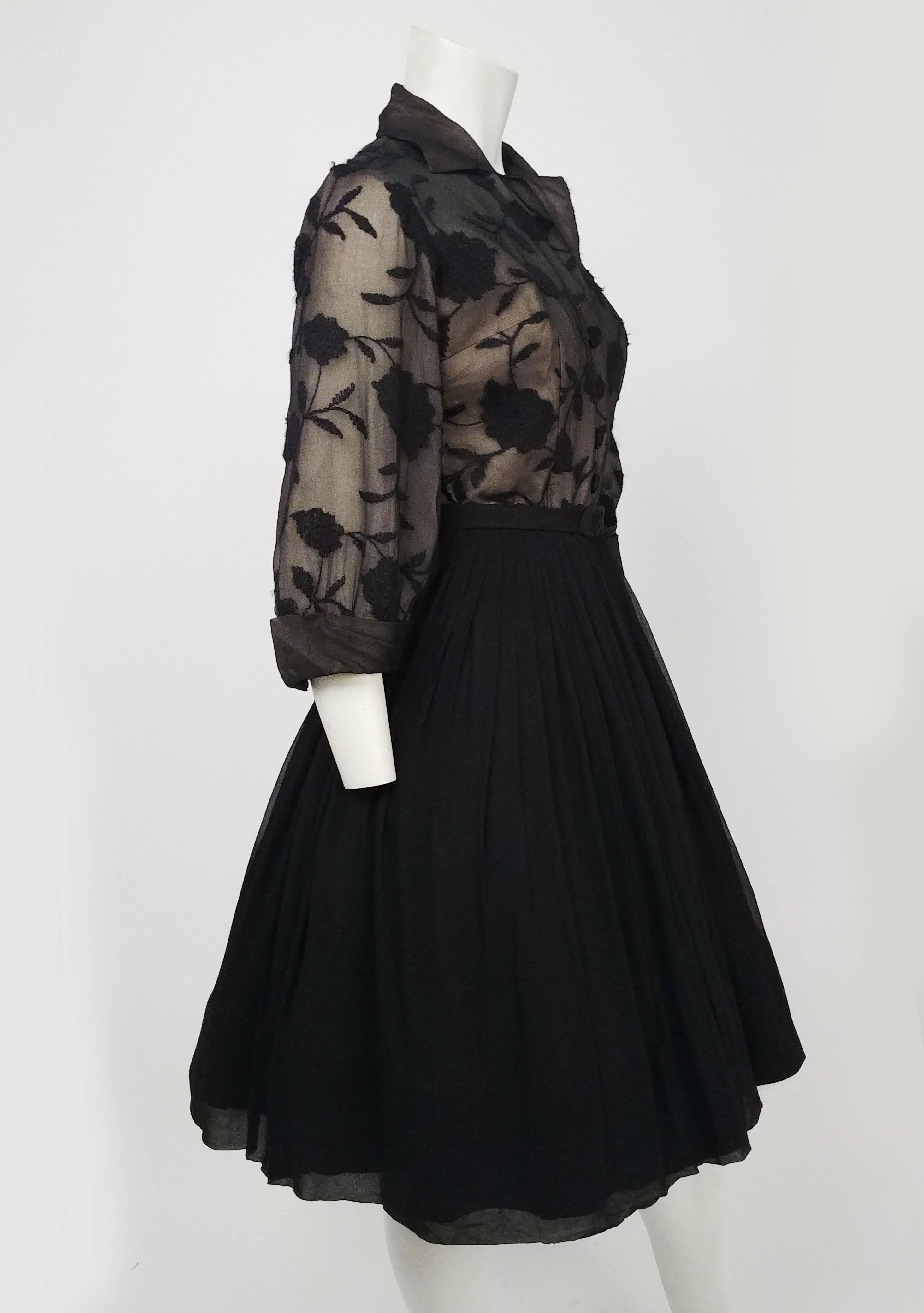 Black Embroidered Organza Illusion Dress, 1950s In Good Condition In San Francisco, CA