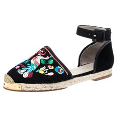 Black Embroidered Suede Espadrilles Ankle Strap Flat Sandals Size 40
