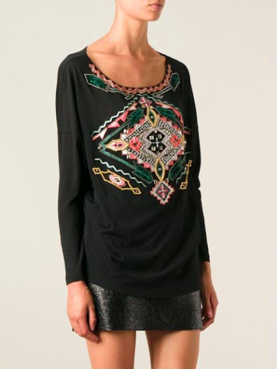 Women's Black Emilio Pucci Embroidered Silk Blend Longsleeve Top Shirt