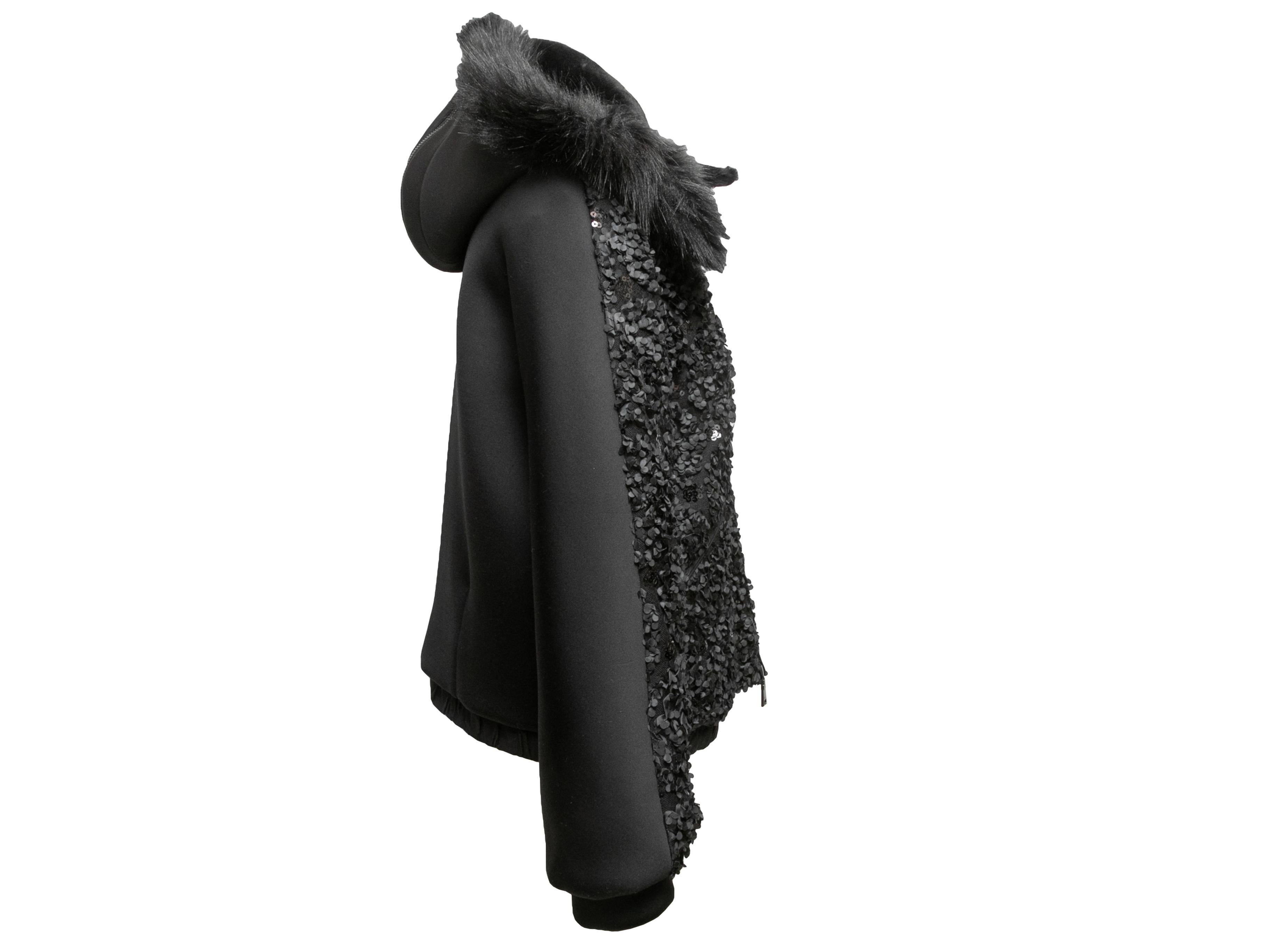 Black Emporio Armani Faux Fur-Trimmed Hooded Textured Jacket Size IT 40 In Good Condition For Sale In New York, NY