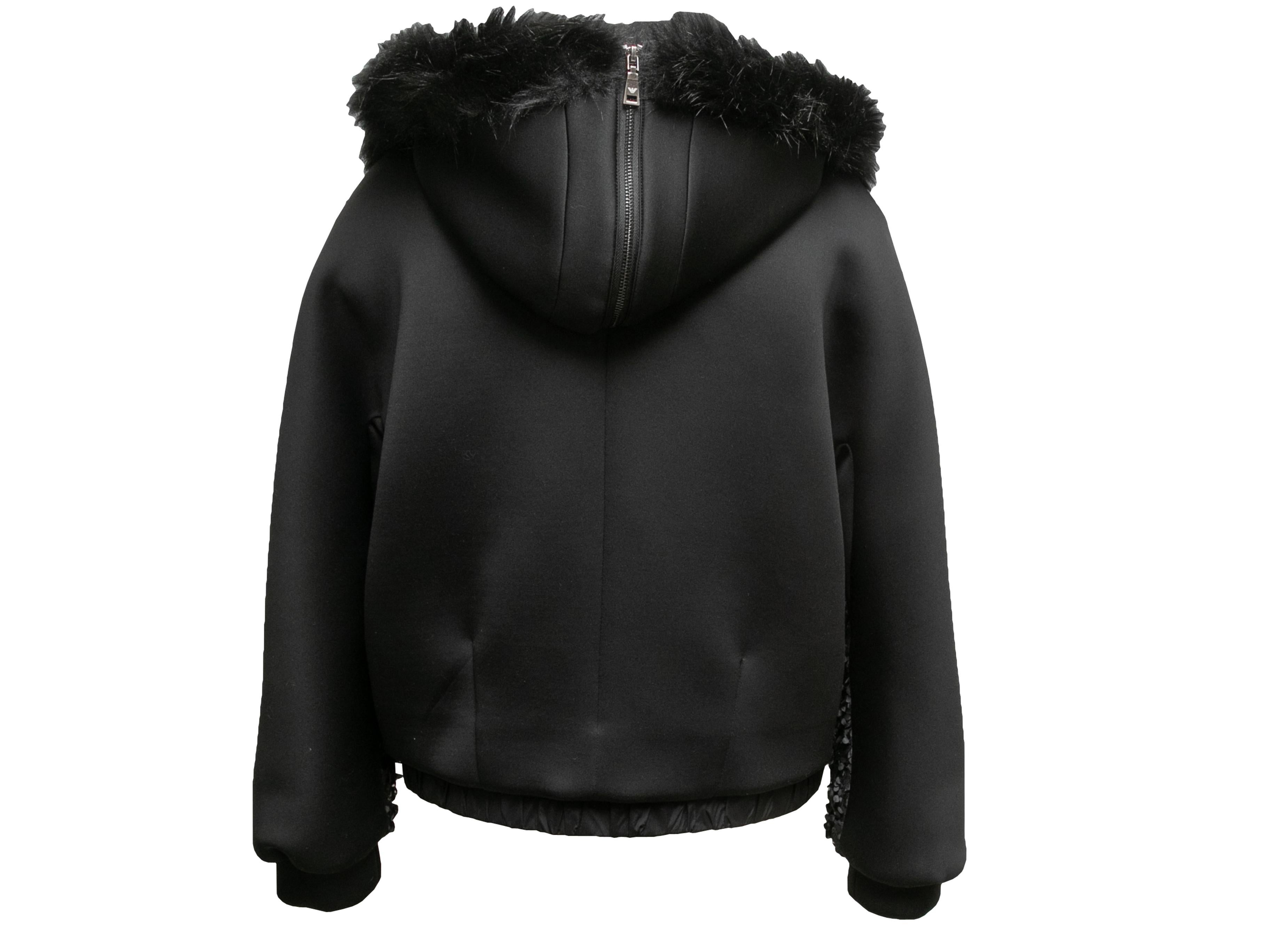 Women's Black Emporio Armani Faux Fur-Trimmed Hooded Textured Jacket Size IT 40 For Sale