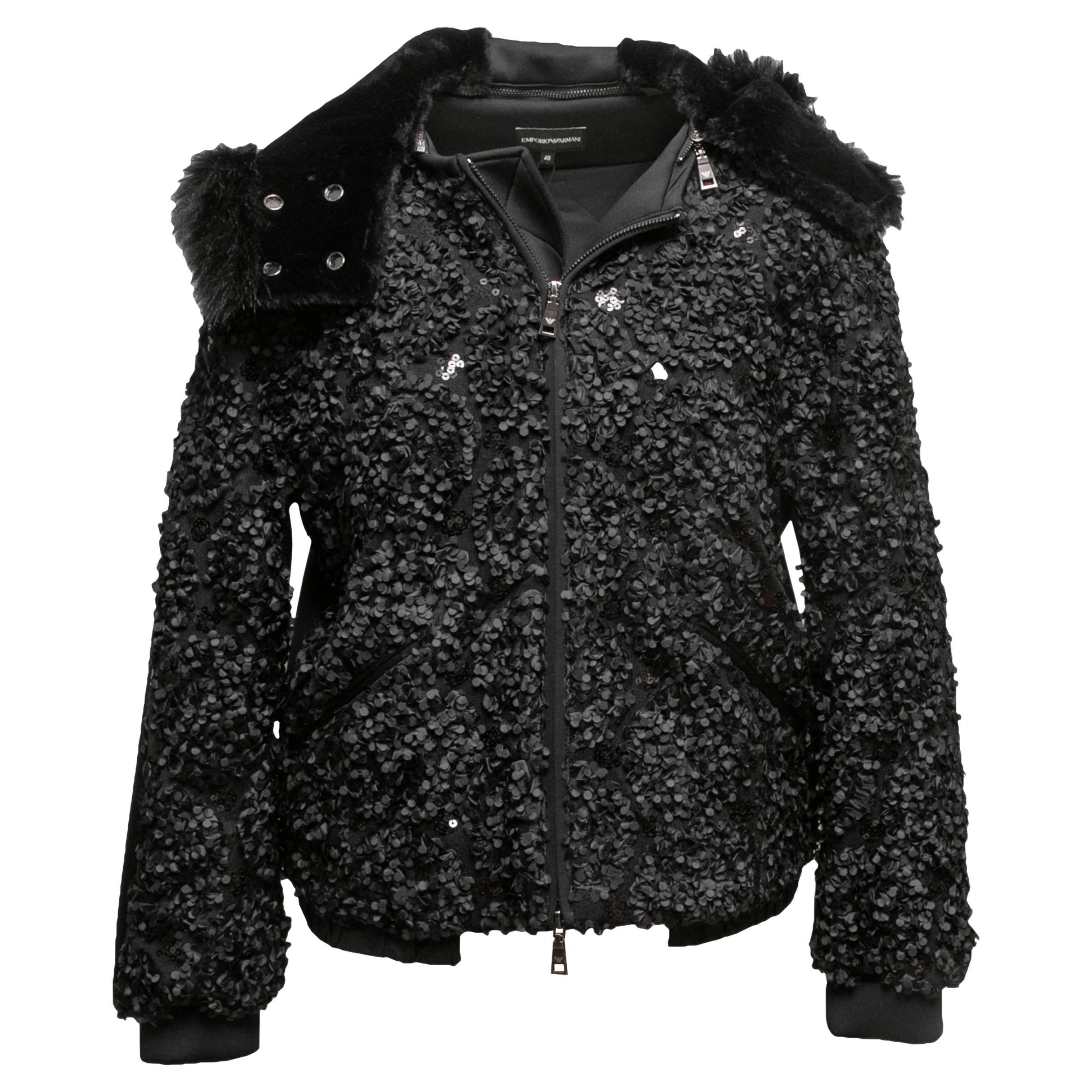 Black Emporio Armani Faux Fur-Trimmed Hooded Textured Jacket Size IT 40 For Sale