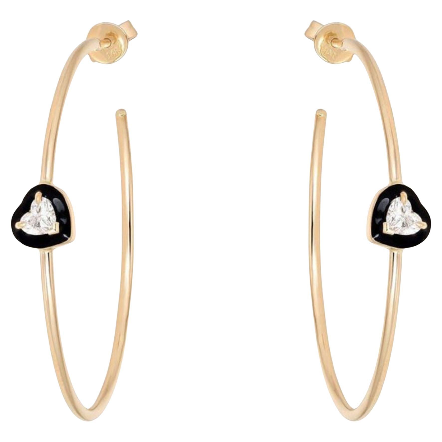 Black Enamel 14K (or 18k upon request) Yellow Gold Diamond Hoops Earrings For Sale