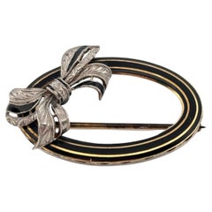 Black Enamel 14K Yellow Gold & Platinum Bow Brooch Pin