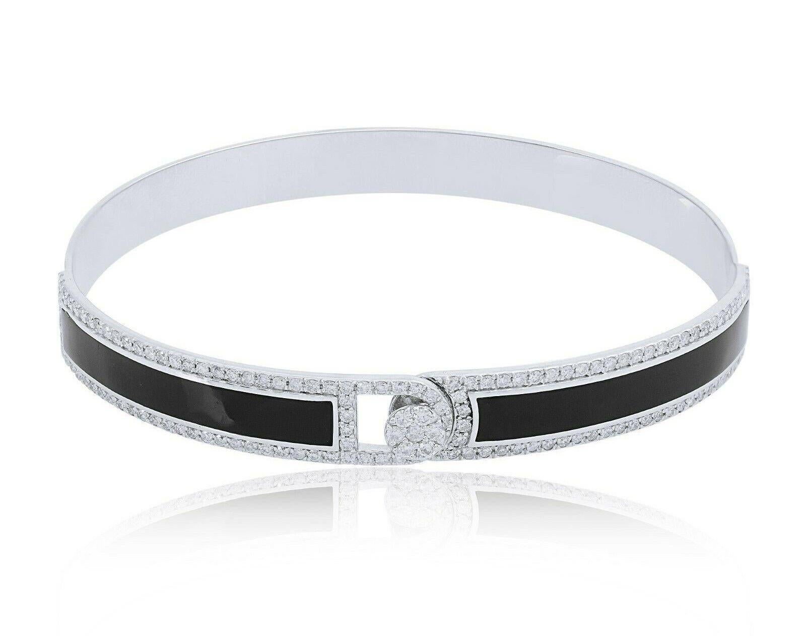 Mixed Cut Black Enamel 18 Karat White Gold Diamond Bangle Bracelet For Sale