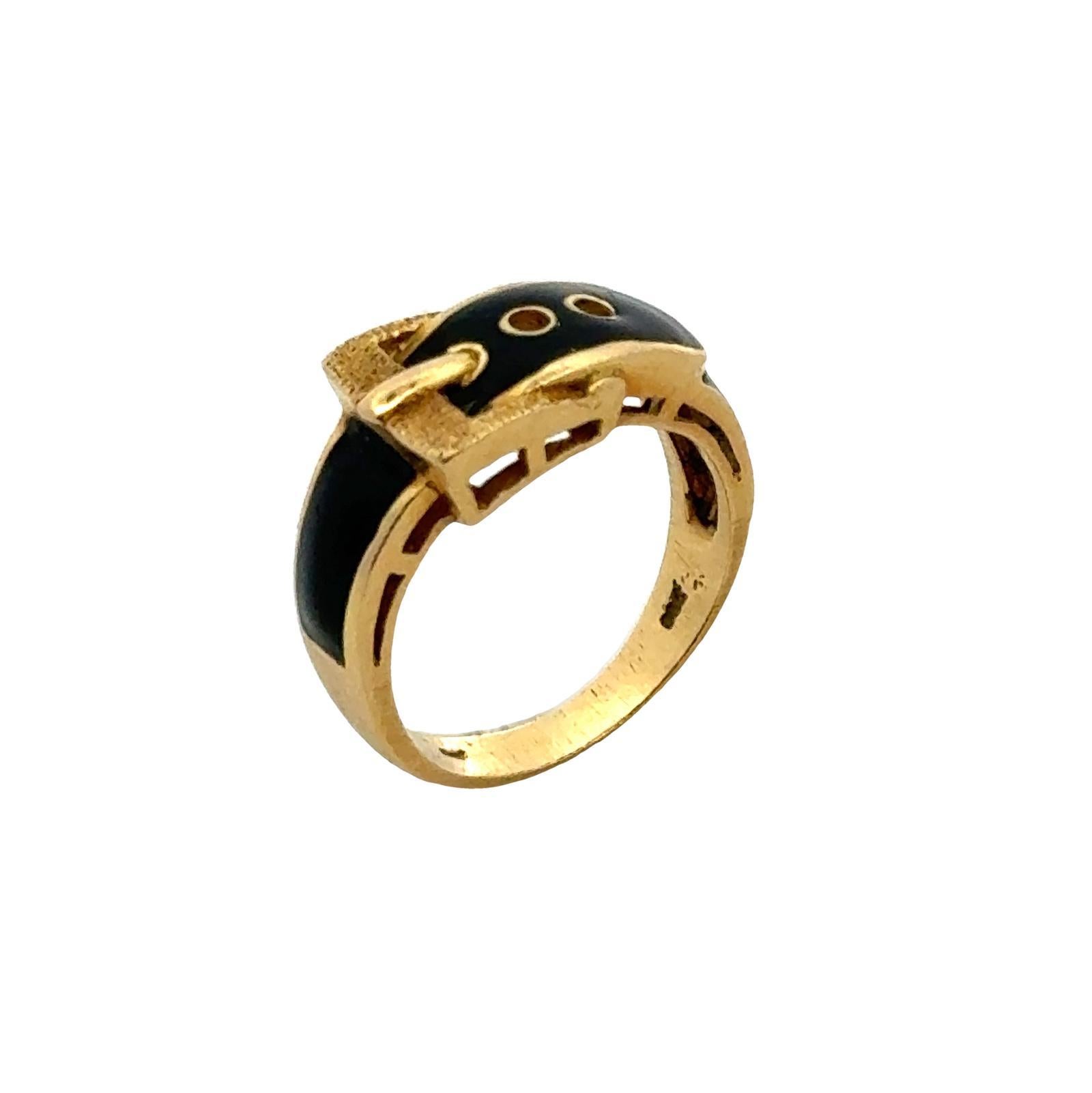 Modern Black Enamel 18 Karat Yellow Gold Vintage Buckle Band Ring For Sale
