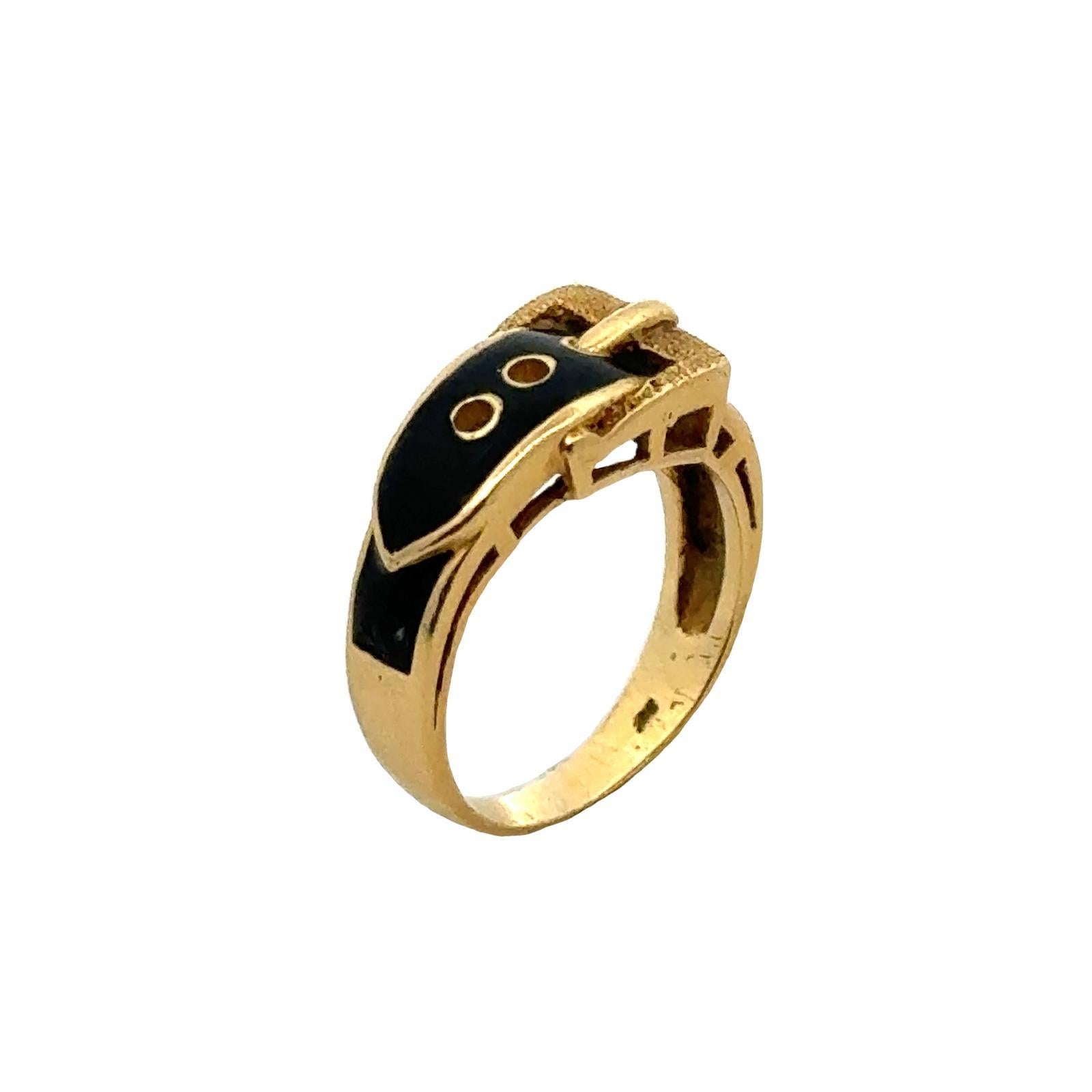 Black Enamel 18 Karat Yellow Gold Vintage Buckle Band Ring In Good Condition For Sale In Boca Raton, FL