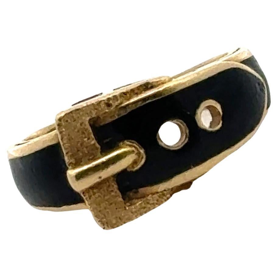 Black Enamel 18 Karat Yellow Gold Vintage Buckle Band Ring For Sale