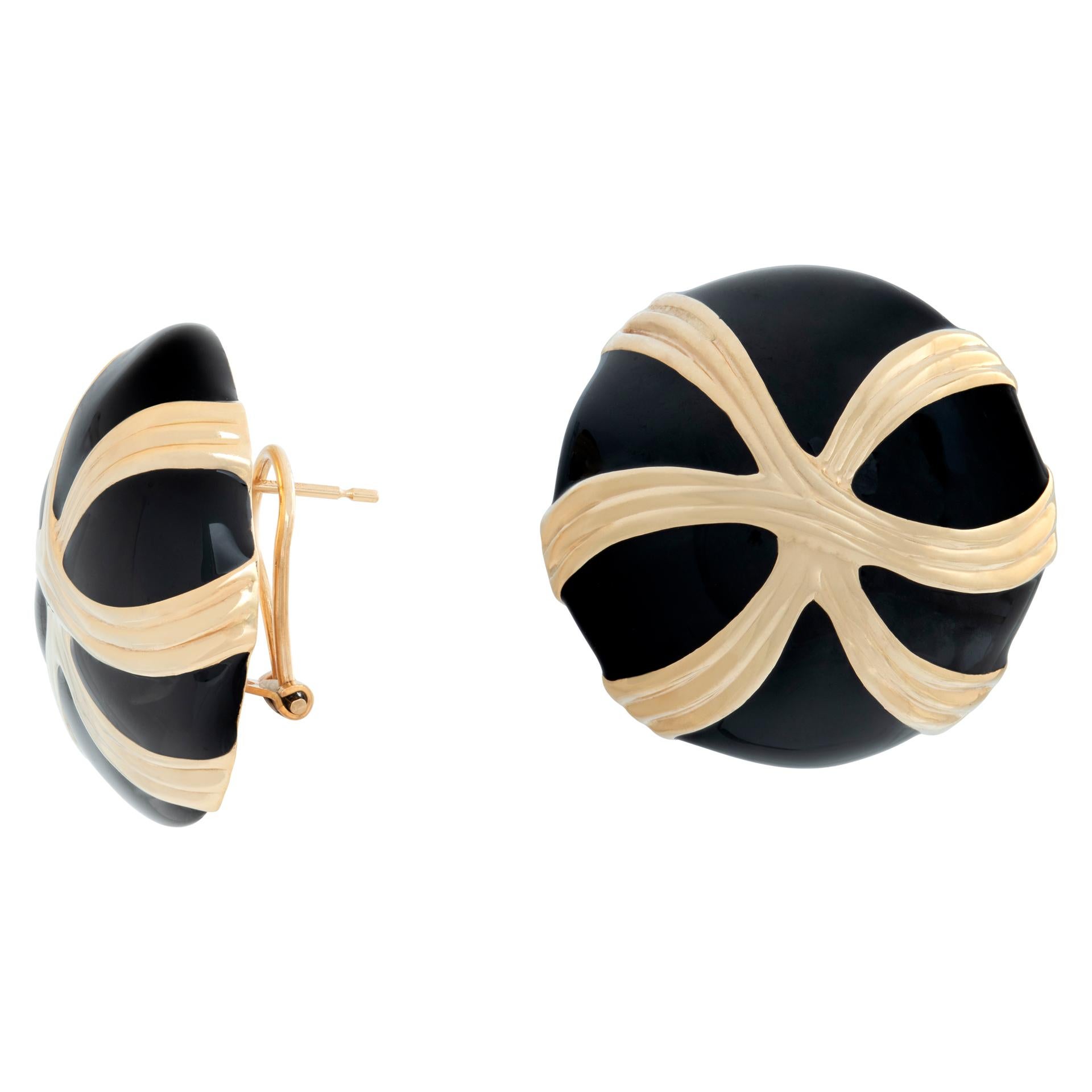 Black enamel and 14k yellow gold domed circle earrings with omega clip posts. Measures 30mm x 30mm.